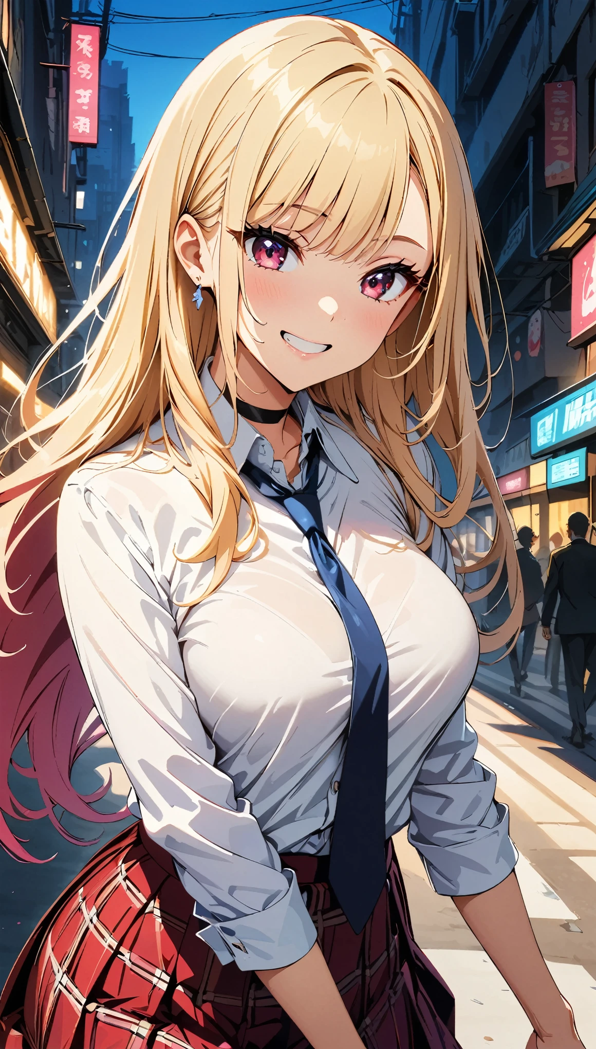 (highest quality:1.2, Anime artwork, Very detailed, High Detail, digital coloring, High Contrast, masterpiece:1.2, highest quality, Best aesthetics), (((kitagawa marin, 1 girl))), Blonde Hair, Straight long hair, Pink gradient hair, Red eyes, Earrings, White shirt, Black choker, Blue tie, Checked skirt, Grin, smile, Are standing, Cowboy Shot, bustling street,