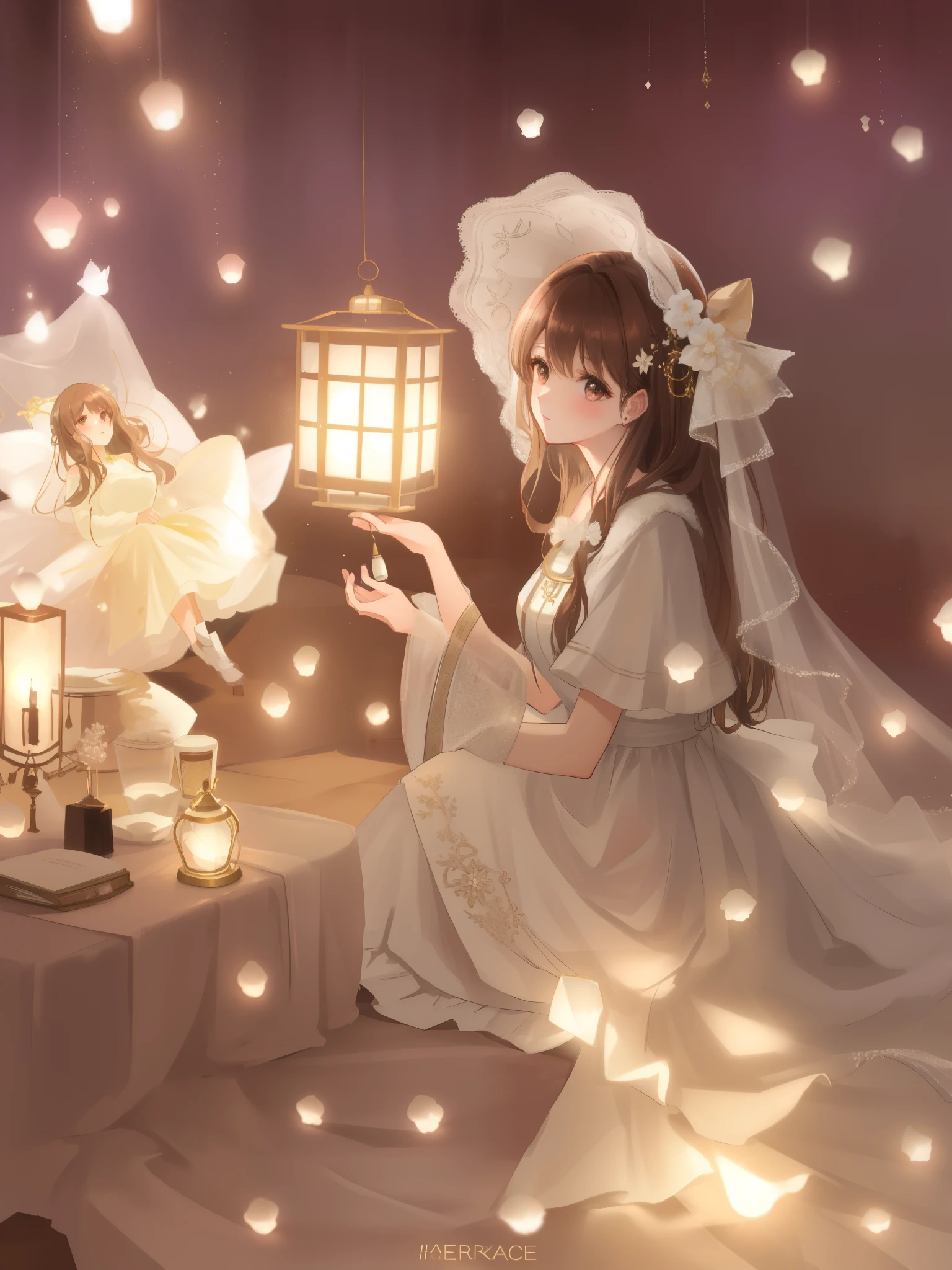 (brown hair swept bangs:1.3), arafed image of a woman in a white dress holding a lantern, girl under lantern, ethereal fairytale, fantasy gorgeous lighting, very magical and dreamy, magical glow, ethereal glow, fairycore, dreamy lighting, magical lighting, lantern light, beautiful dreamy lighting, fantasy photography, romantic light, enchanting lighting, soft ethereal lighting, fantasy fairytale story, ethereal fantasy