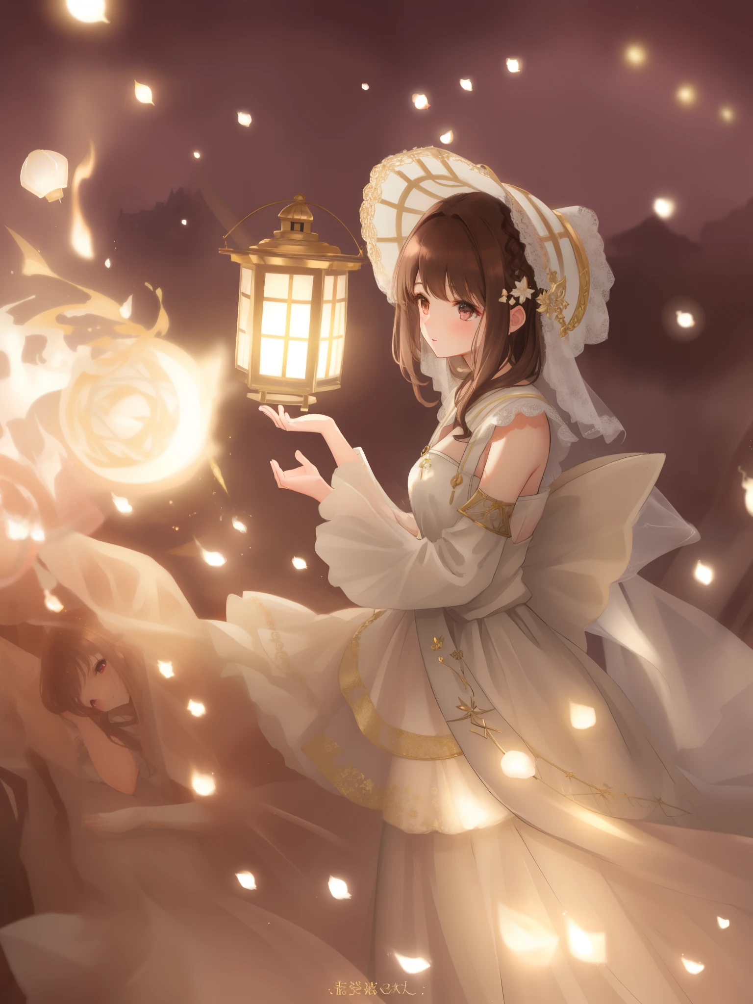 (brown hair swept bangs:1.3), arafed image of a woman in a white dress holding a lantern, girl under lantern, ethereal fairytale, fantasy gorgeous lighting, very magical and dreamy, magical glow, ethereal glow, fairycore, dreamy lighting, magical lighting, lantern light, beautiful dreamy lighting, fantasy photography, romantic light, enchanting lighting, soft ethereal lighting, fantasy fairytale story, ethereal fantasy