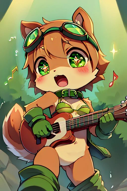 boy, squirrel, furry, bodyfur, tail, green goggles, green collar, green bra, bottomless, green gloves, green boots, chibi, sparkling eyes, from below, cute, playing the guitar, singing