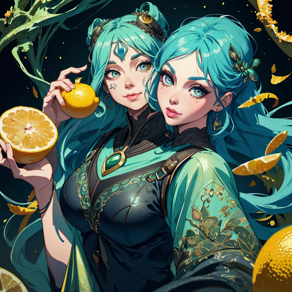 (horror, comedy) (lemon eating challenge) a young woman with beautiful detailed eyes, beautiful detailed lips, extremely detailed eyes and face, long eyelashes, another young woman with beautiful detailed eyes, beautiful detailed lips, extremely detailed eyes and face, long eyelashes, both women in sexy metallic sci-fi bikinis, unhappy expressions(they have just eaten a lemon, mouth puckered) , Jabba the Hutt chuckling and filming, 8k, high quality, photorealistic, cinematic lighting, dramatic colors, science fiction, fantasy, digital painting (show her full body)