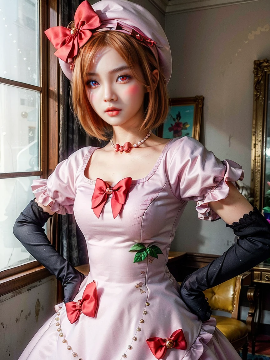 (1 lady), The beautiful, (Best quality at best:1.4), (ultra - detailed), (extremely detailed CG unified 16k), orange redhair, very detailed, High-definition RAW color photo, professional photoshooting, amazing face and eyes, cosmetics, (amazingly beautiful girl), ((lambdadelta, tall woman, taller)), ((dress, red bow, pink hat, necklace, gloves, pearl, pink dress)), standing, realistic cinematic face, photo portrait, upper body (shoulders to head), photorealistic, ((realistic natural orange redhair style, red eyes)), gorgeous, extremely beautiful face, perfect model beauty, pout mouth, flirting smile, cleavages, city girl, western, (masterpiece), best quality, high resolution, extremely detailed, blurred background, depth of field, cinematic lighting, clear and well-cared skin
