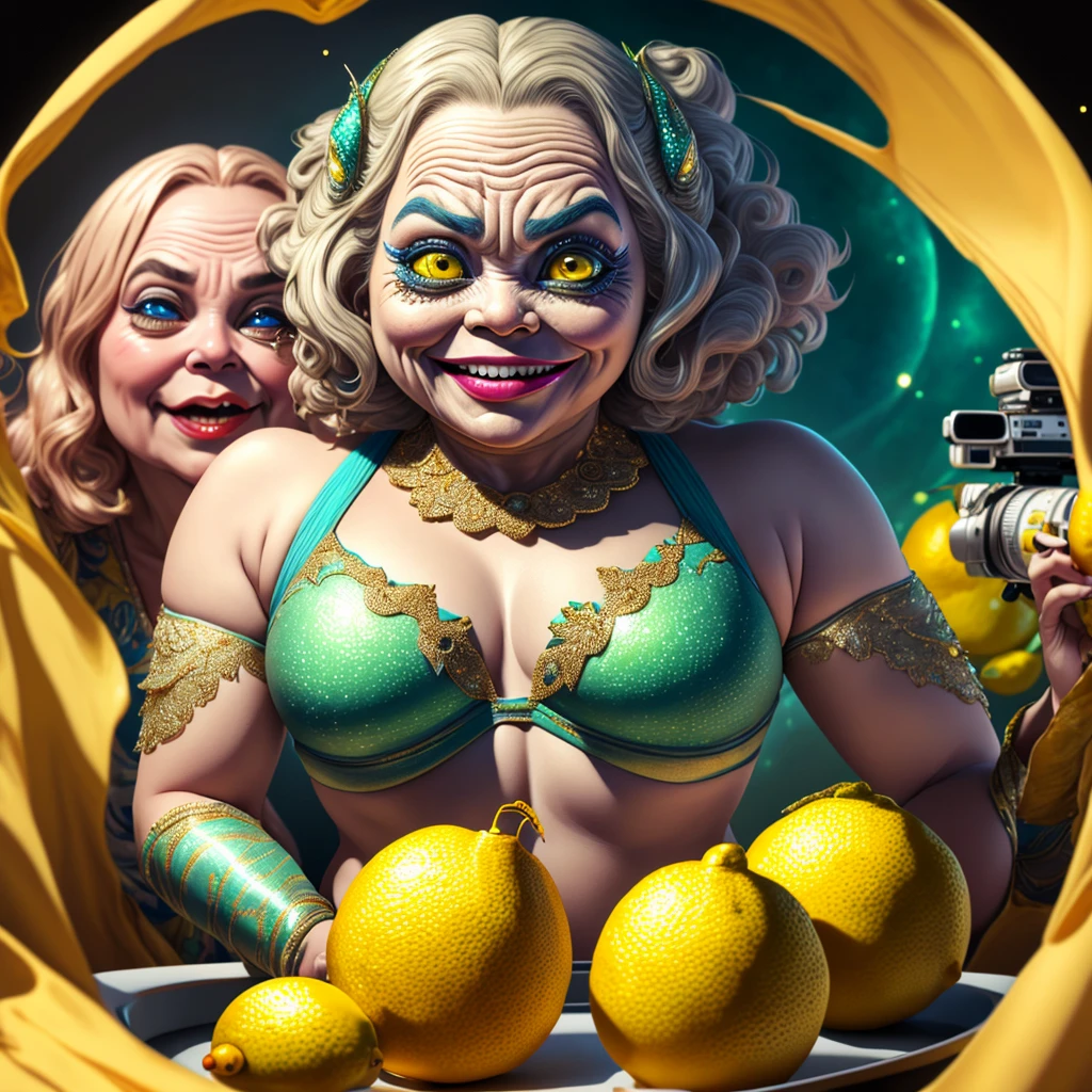 (horror, comedy) (lemon eating challenge) a young woman with beautiful detailed eyes, beautiful detailed lips, extremely detailed eyes and face, long eyelashes, another young woman with beautiful detailed eyes, beautiful detailed lips, extremely detailed eyes and face, long eyelashes, both women in sexy metallic sci-fi bikinis, unhappy expressions(they have just eaten a lemon, mouth puckered) , Jabba the Hutt chuckling and filming, 8k, high quality, photorealistic, cinematic lighting, dramatic colors, science fiction, fantasy, digital painting (show her full body)