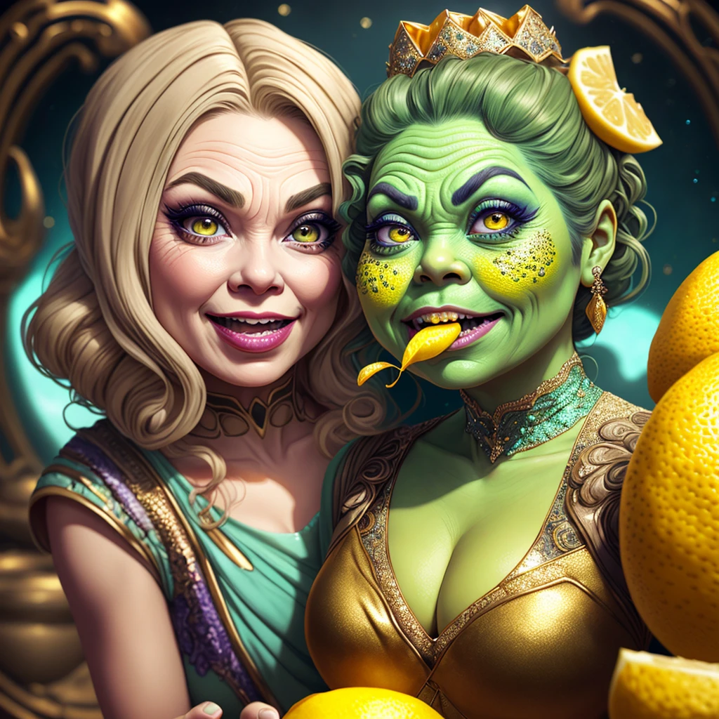 (horror, comedy) (lemon eating challenge) a young woman with beautiful detailed eyes, beautiful detailed lips, extremely detailed eyes and face, long eyelashes, another young woman with beautiful detailed eyes, beautiful detailed lips, extremely detailed eyes and face, long eyelashes, both women in sexy metallic sci-fi bikinis, unhappy expressions(they have just eaten a lemon, mouth puckered) , Jabba the Hutt chuckling and filming, 8k, high quality, photorealistic, cinematic lighting, dramatic colors, science fiction, fantasy, digital painting (show her full body)