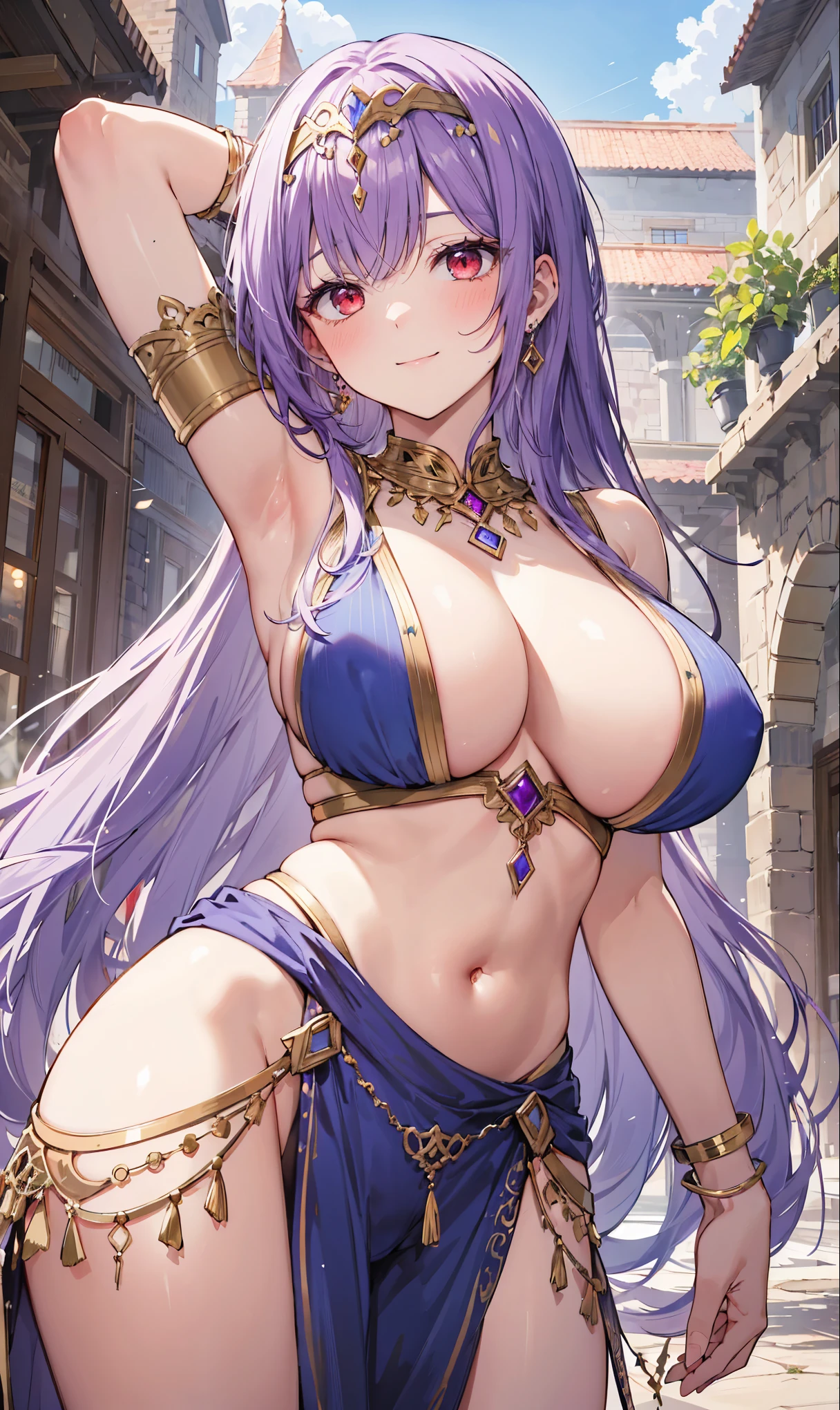 high quality, ultra detailed, best quality, insanely detailed, beautiful, masterpiece, 1girl, medieval plaza, cowboy shot, red eyes, long hair, purple hair, belly dancer, circlet, earrings, armlets, bracelets, bashful smile, large breasts, cleavage, soft stomach