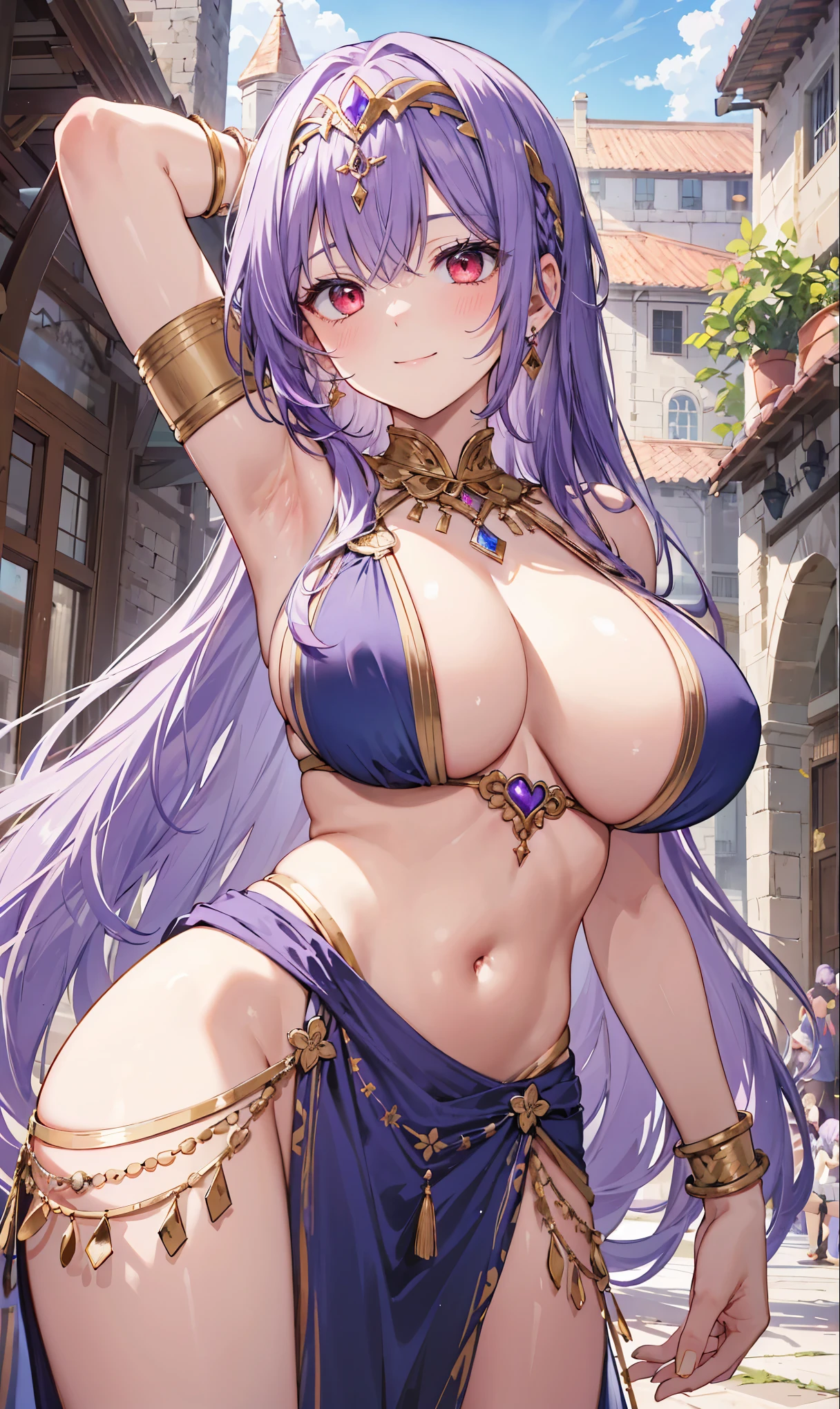 high quality, ultra detailed, best quality, insanely detailed, beautiful, masterpiece, 1girl, medieval plaza, cowboy shot, red eyes, long hair, purple hair, belly dancer, circlet, earrings, armlets, bracelets, bashful smile, large breasts, cleavage, soft stomach