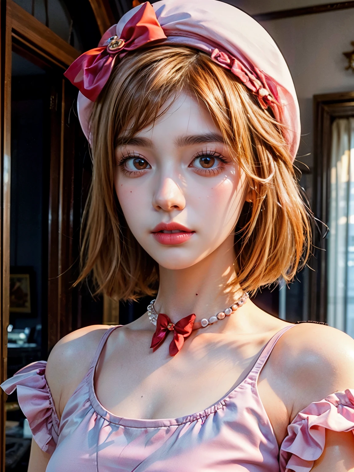 (1 lady), The beautiful, (Best quality at best:1.4), (ultra - detailed), (extremely detailed CG unified 16k), orange redhair, very detailed, High-definition RAW color photo, professional photoshooting, amazing face and eyes, cosmetics, (amazingly beautiful girl), ((lambdadelta, tall woman, taller)), ((dress, red bow, pink hat, necklace, gloves, pearl, pink dress)), standing, realistic cinematic face, photo portrait, upper body (shoulders to head), photorealistic, ((realistic natural orange redhair style, red eyes)), gorgeous, extremely beautiful face, perfect model beauty, pout mouth, flirting smile, cleavages, city girl, western, (masterpiece), best quality, high resolution, extremely detailed, blurred background, depth of field, cinematic lighting, clear and well-cared skin
