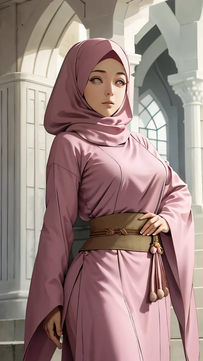 Naked girl, presents the enchanting figure of Hyuga Hinata from the acclaimed anime series, Naruto. Her long, dark Blonde hair cascades down her back, framing her ethereal white eyes concealed by the captivating Byakugan. Dressed in beautiful pink clothes, she dons traditional Muslim attire, wearing a mukena and gracefully covering her head with a hijab. The mosque background adds an enchanting ambiance, as she delicately poses with ultra-detailed, realistic features. Her attire complements her refined figure, with intricately designed pink clothes accentuating her every curve. Radiating an aura of ser