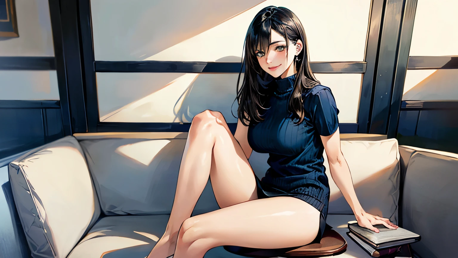 (masterpiece:1.3, highest quality, Ultra-high resolution, Super detailed), (Realistic, photoRealistic:1.4), Beautiful illustrations, Perfect lighting, Natural light, colorful, Depth of written boundary, 女性one person,Attractive legs,whole body,
View Viewer, whole body, Front view:0.6, 1 girl, 日Book語, office lady, 19 years old, Perfect Face, (Perfect Anatomy), Cute and symmetrical face, , Shiny skin, ,
(Long Hair:1.7, Straight hair:1.2, Black Hair), Hair between the eyes, Emerald green eyes, Long Eyelashes, (Big Breasts:0.8), mini skirt,Bookを持っている,
Beautiful Hair, Beautiful Face, Beautiful fine details, Beautiful clavicle, Beautiful body, Beautiful breasts, Beautiful thighs, Beautiful feet, Beautiful fingers,
((Short sleeve navy high neck sweater), ID card),
(Beautiful views), Daytime, (Office Lounge),, (Smile, Half an eye, Lips parted),Bookを持っている,whole body,mini skirt,one person,whole body,Attractive legs,Book,Book,whole body,Attractive legs