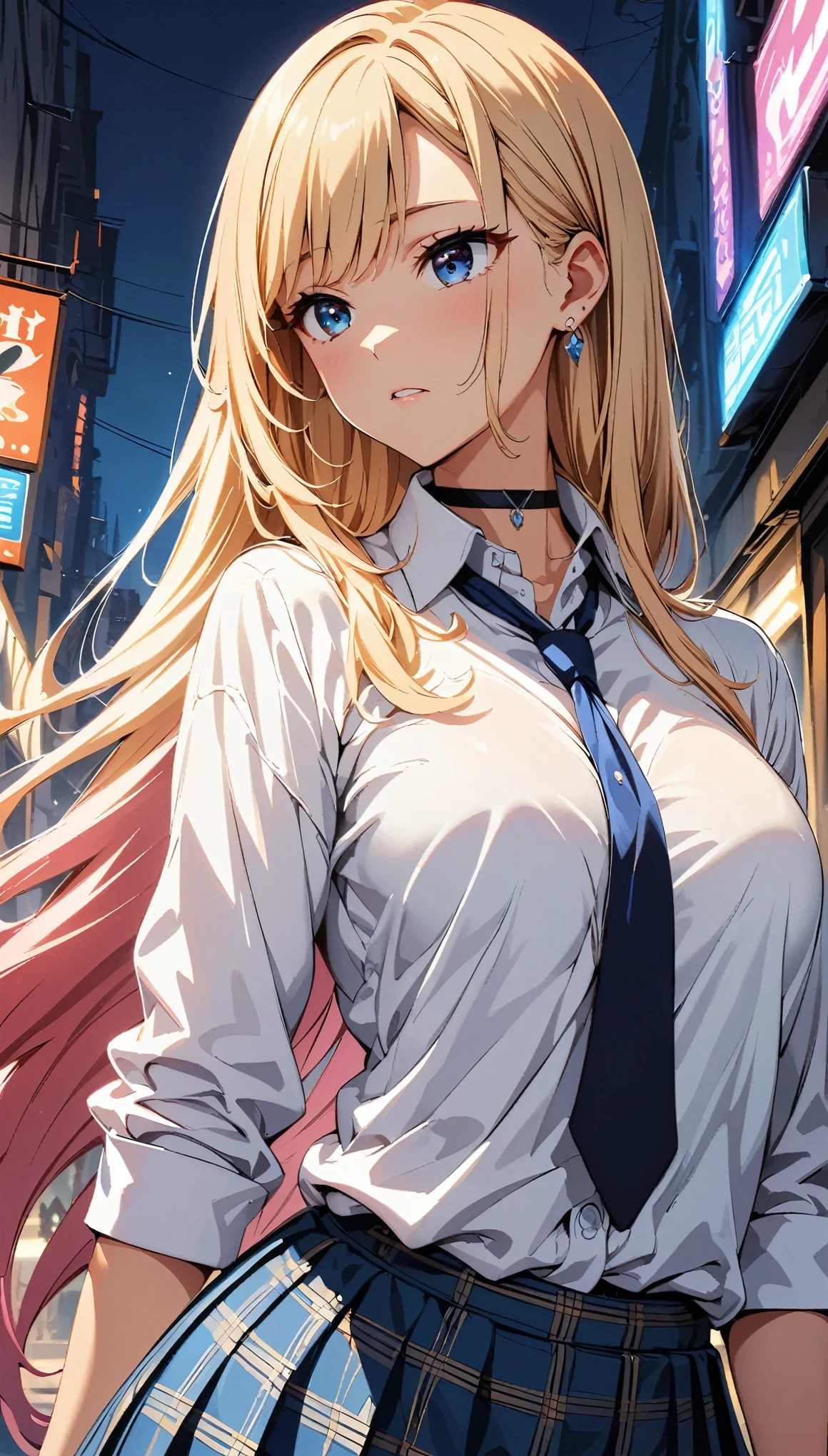 highest quality,wonderful,finely,Very detailedな CG ユニティ 8k 壁紙、(Contemptuous Eyes、Glaring expression:1.4)、train、whole body, Exposing her huge breasts、(Sailor suit), (Random Color、See-through panties:1.5),,(Black Stockings:1.1),(Thighs:1.2),(From below:1.1)、(highest quality:1.2, Anime artwork, Very detailed, High detail, digital coloring, High Contrast, masterpiece:1.2, highest quality, Best aesthetics), (((kitagawa marin, 1 girl))), Blonde Hair, Straight Long Hair, Pink gradient hair, Red eyes, Earrings, White shirt, Black choker, Blue tie, Check skirt, (Lift up the skirt:1.3)