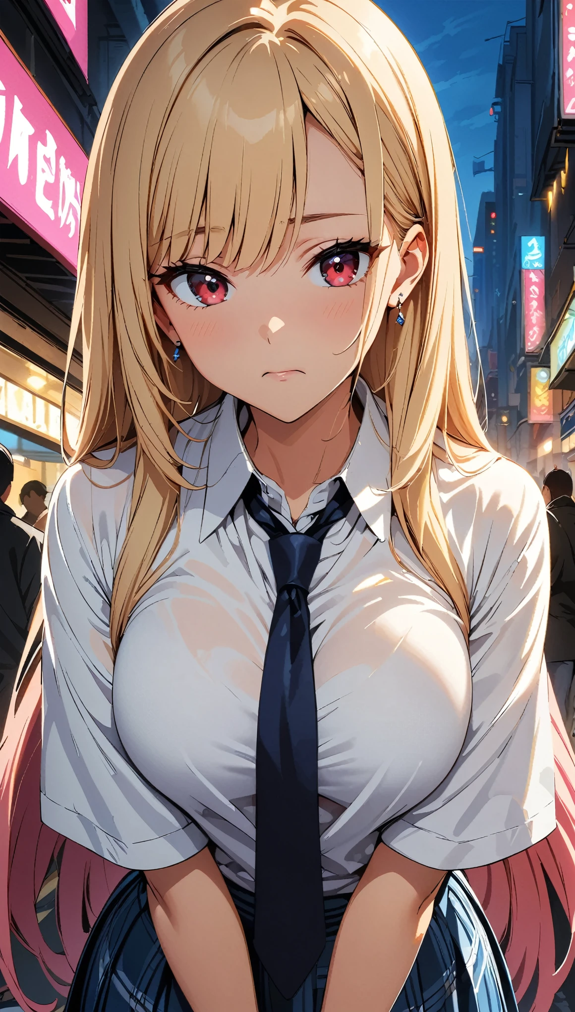 (highest quality:1.2, Anime artwork, Very detailed, High Detail, digital coloring, High Contrast, masterpiece:1.2, highest quality, Best aesthetics), (((kitagawa marin, 1 girl))), Blonde Hair, Straight long hair, Pink gradient hair, Red eyes, Earrings, White shirt, Black choker, Blue tie, Checked skirt, Pouting, slouch, Are standing, Cowboy Shot, bustling street, 