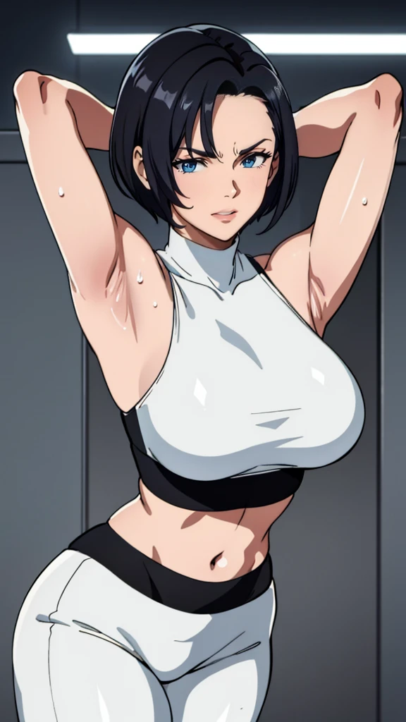 gym background、Super detailed illustrations、seductive smile、masterpiece、highest quality、ultra high resolution、high resolution、(Sweat、body fluid)、shiny skin、black hair、very short hair、color red eyes、white croptop turtleneck、sleeveless、Standing picture、hot pants、put hands behind head, armpits, armpits visible, very large breasts, looking at viewer