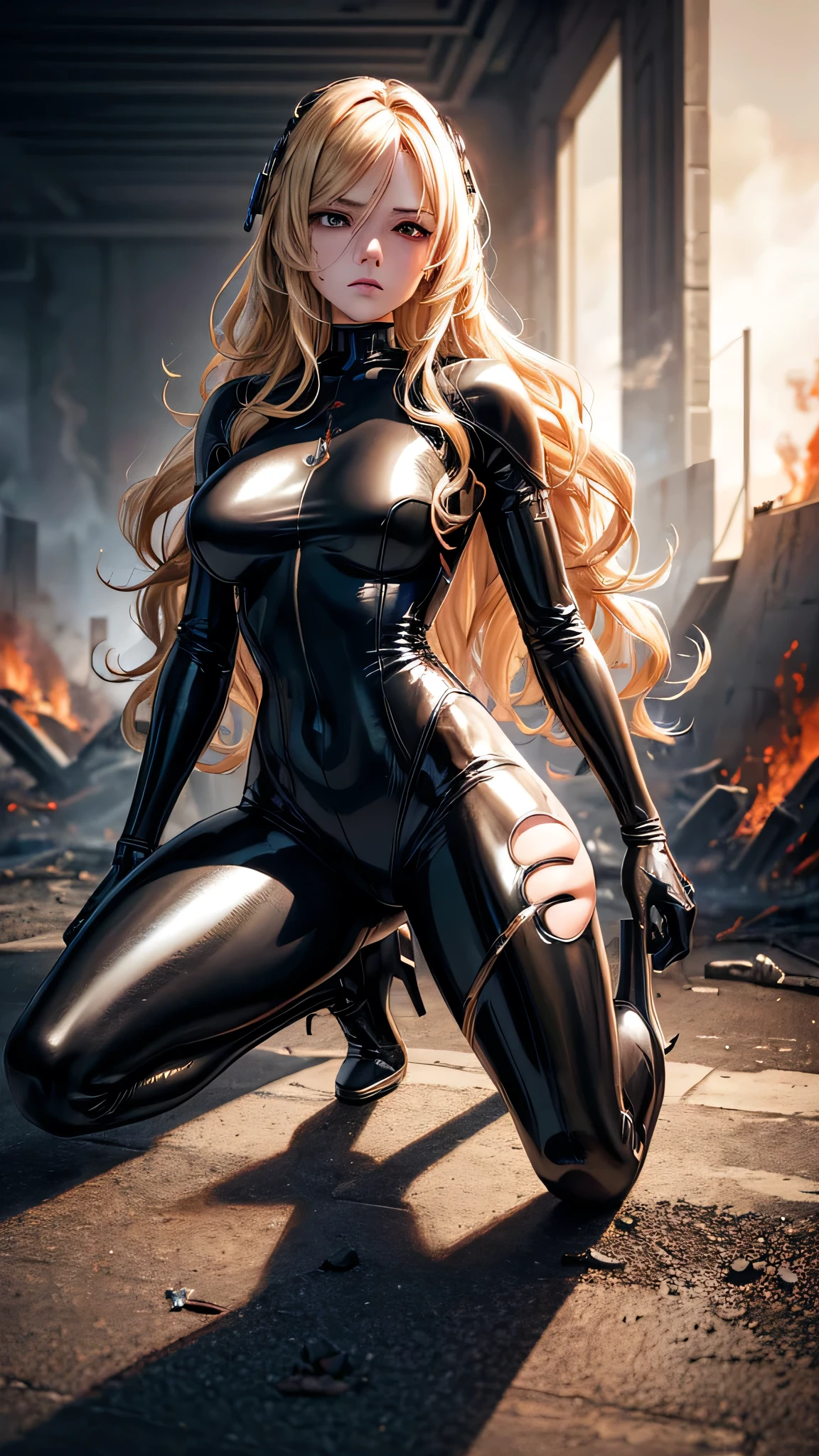 masterpiece, ultra detailed, high resolution, best quality, image of a female cyborg, wavy blonde hair, black latex body suit, heels, kneeling down, despair, haggard, injured, torn clothes, metal body parts, on a battlefield, surrounded by smoke and flames, monochrome background, volumetric lighting,