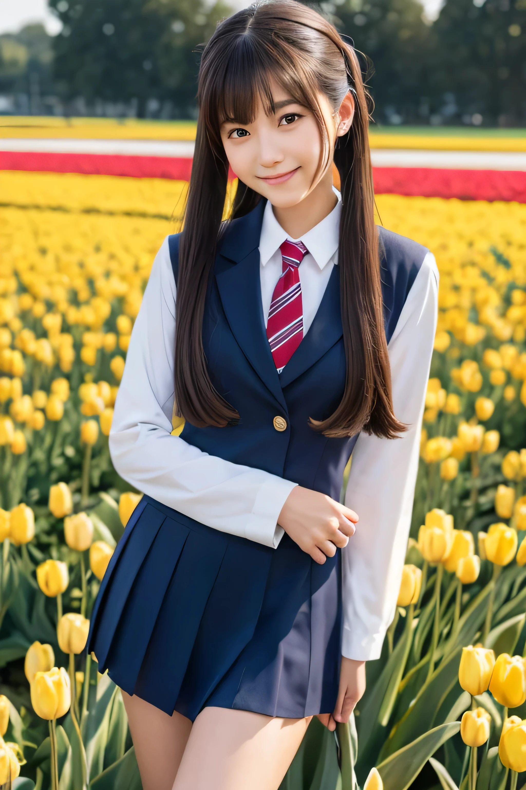 Thin woman, 17 year old slender size model,smile,a healthy woman,high school girl,uniform,smile,Brown sailor suit.With patch on chest,Slender body,Twin tail hair ,bangs , Bold Pose,thigh , Realistic, High quality 8k, perfection, Best image quality,Tulip flower field