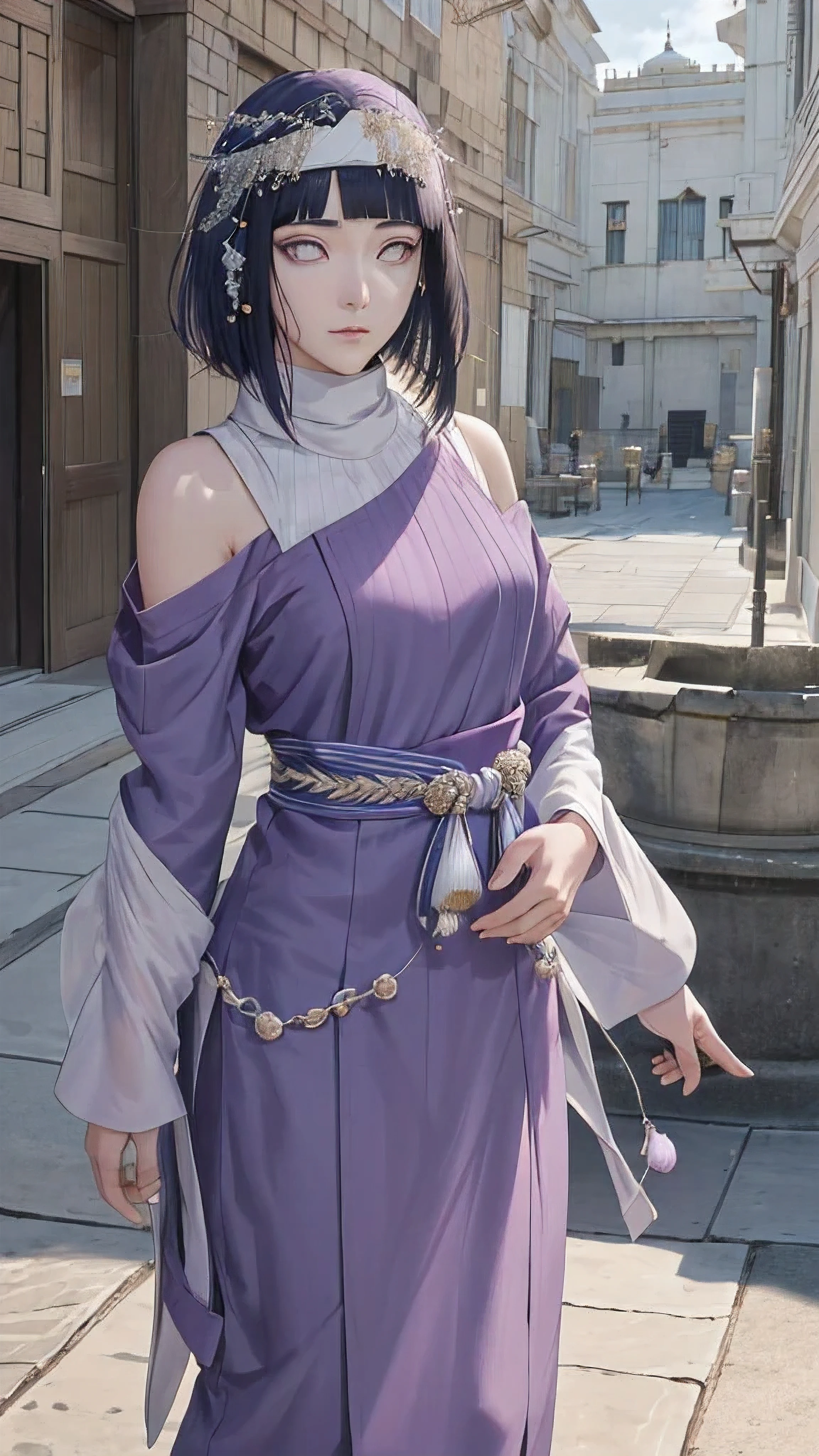 (masterpiece, top quality, best quality, official art, beautiful and aesthetic: 1.2), (1girl), (depicted as Hyuga Hinata from the anime Naruto), (long dark blue hair, cascading down her shoulders), (styled with white eyes, distinctive of her Byakugan heritage), (beautiful, with expressive features and captivating charm), (clad in purple clothes, traditional to Muslim attire), (wearing a mukena, intricately designed and flowing), (head adorned with a hijab, adding a layer of cultural authenticity), (set against a serene mosque background), (ultra-detailed, every fiber