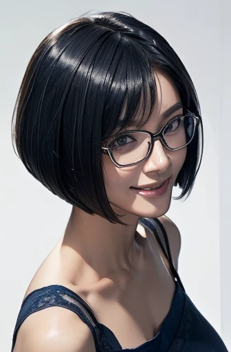 (masterpiece), (8k, best quality, high resolution), (ultra-detailed, realistic), (anatomically correct),
((from above)), ((look up and see the viewer)),
((face close-up)), (Standing), (No background),
(1woman),
(A Japanese woman, 30 years old and 155cm tall.),
(((Wear a navy blue tunic camisole))), ((A camisole without decoration.)),
(black hair), (straight hair), (short hair style), ((bob cut)),
(wear glasses), (black square cell glasses),
((smile broadly)),
(Her impression is pure, clean and kind.),