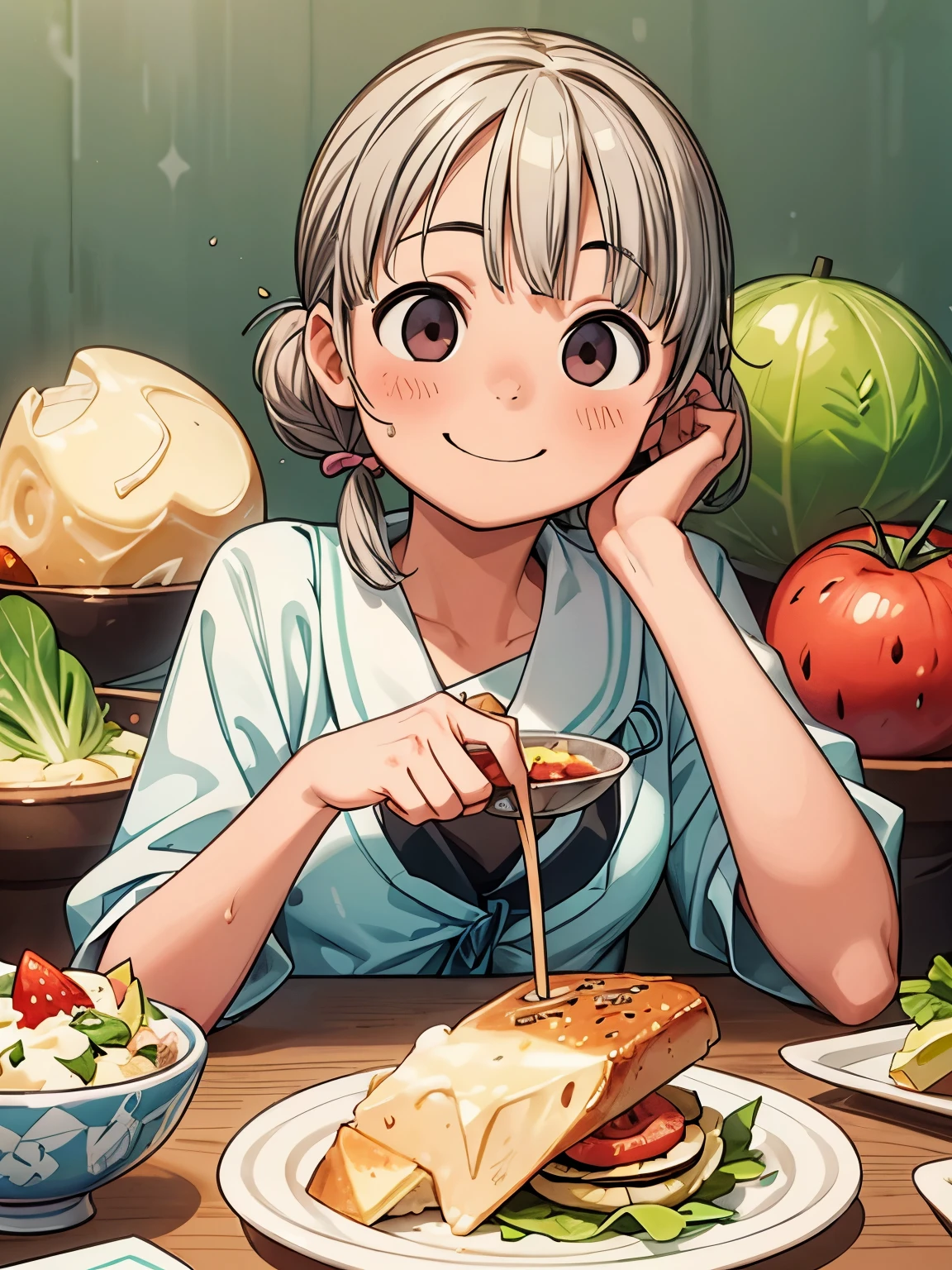 (masterpiece、highest quality、highest quality、Official Art、Beautiful and beautiful:1.2)、(One girl:1.3)Hatsune Miku、Twin tails,Big Breasts,(highest quality,High resolution,Super detailed),hamburgerをfoodべている, Short silver bob hair tied in a bun with a hair clip、big round pink eyes、smile、smile、, hamburger, cup, lettuce, fruit, tomato, Onion, bowl, Bokeh Background, food, closeup at the food, Still Life, Blurred, Depth of written boundary, vegetables, cheese