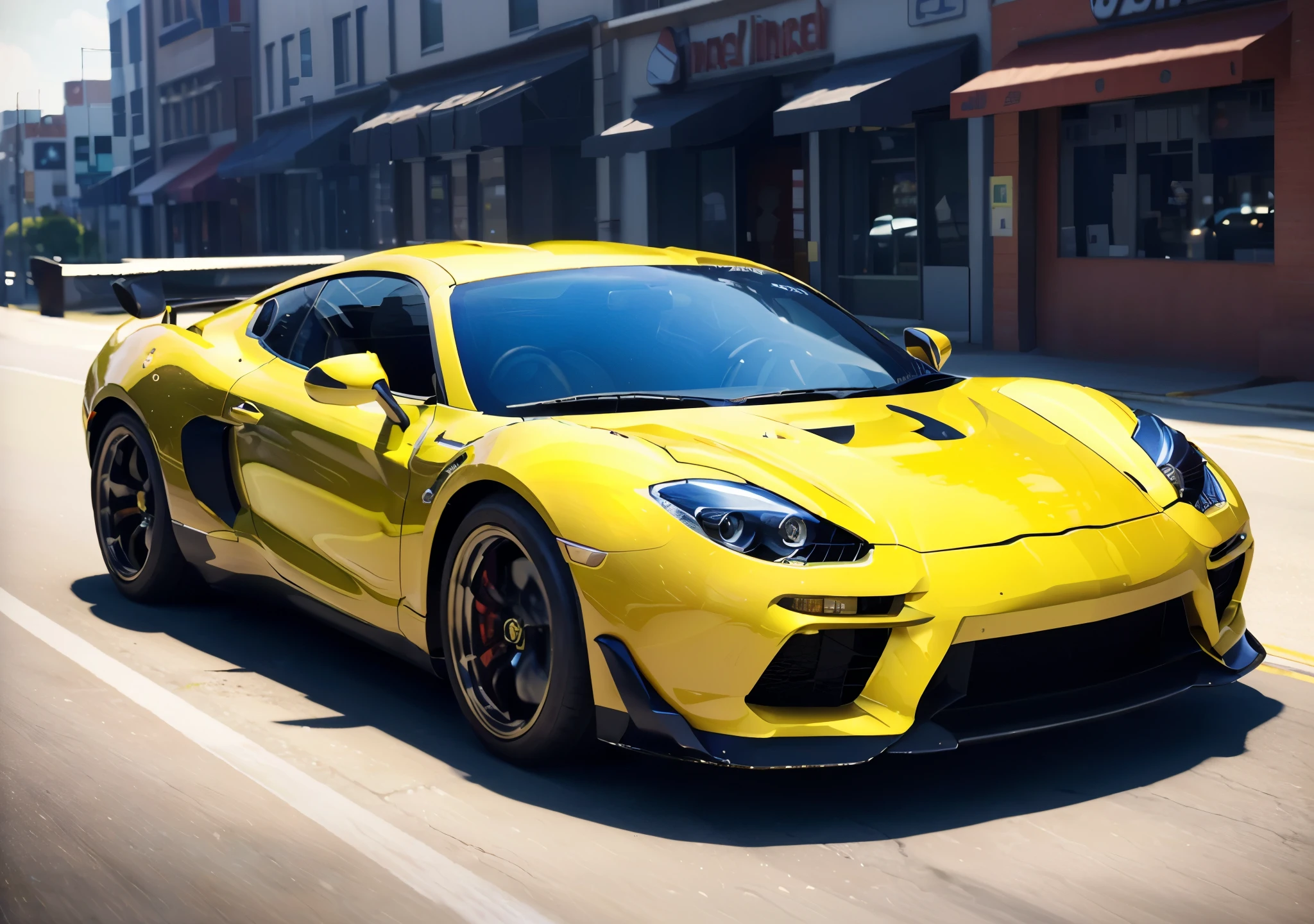 arafed yellow sports car driving down a city street, sport car, sports car, realistic cars, sportcar, car trading game, amazing wallpaper, photorealistic artstyle, wallpaper - 1 0 2 4, full view of a sport car, bold style, miura kentaro style, super car, realistic unreal engine 3 d game, vibrant and dynamic