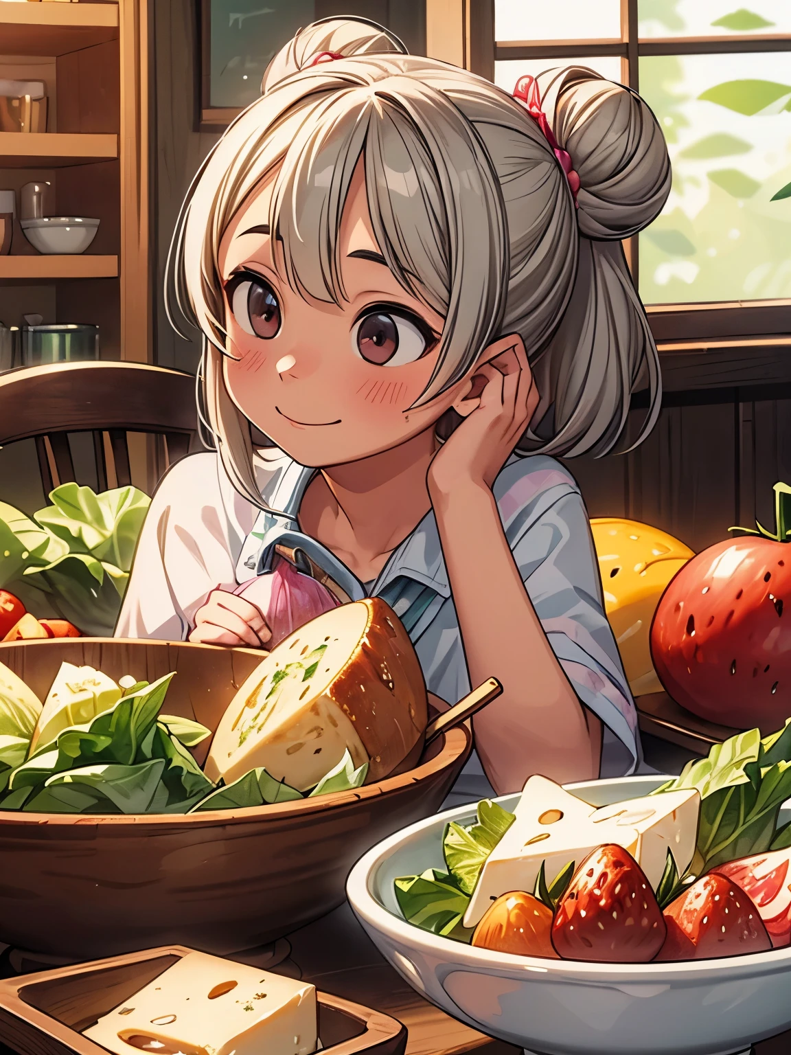 (masterpiece、highest quality、highest quality、Official Art、Beautiful and beautiful:1.2)、(One girl:1.3)Hatsune Miku、Twin tails,Big Breasts,(highest quality,High resolution,Super detailed),hamburgerをfoodべている, Short silver bob hair tied in a bun with a hair clip、big round pink eyes、smile、smile、, hamburger, cup, lettuce, fruit, tomato, Onion, bowl, Bokeh Background, food, closeup at the food, Still Life, Blurred, Depth of written boundary, vegetables, cheese