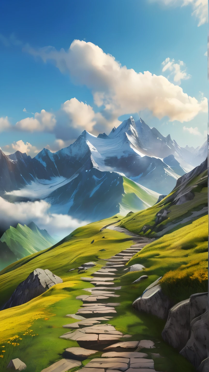 There is a picture of a road going up a hill., time to climb the mountain path, Fantasy Art Landscape, Mountain landscape, traveling through the mountains, Inspired by Jessica Rossier, 8K resolution digital painting, 8K resolution digital painting, Fantasy Landscape Painting, Optimistic matte painting, Inspired by Christophe Vaché, Illustration Matte Painting, 4K HD Matte Digital Painting