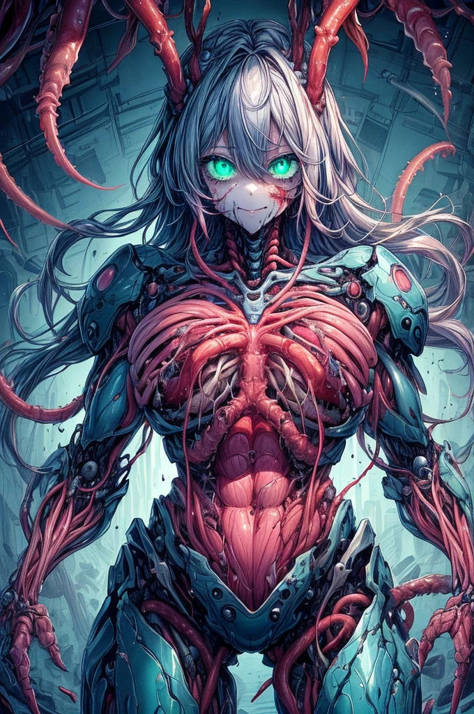 ((unreal engine 5, 100-layer, hyper-detailed, high resolution, textile shading, beautiful detailed eyes, 4k, 8k, 16k, stunning, sharp, smooth, realistic, intricate, overall detail)), dissected human, reproductive worship, monster, horror alien, bio punk, biological technology, Cthulhu, shapeshifting corpse, bloody water, monsters are tearing people's skin, dark biotech, corrupt human organs, monsters are pulling out human organs, close to viewer, (an distortion delicate and disgusting), dead bodies everywhere, distortion art, sacrificial ceremony, eyes full of desire, tentacles restrained, stuck in cage, nsfw, ((1 cute girl, kawaii, young face,nude, arms behind back, full harness, nipples, sex, rape, evil smile, tearful, :o, blue shiny hair, long hair, green eyes,gigantic breasts,abs,bring her heart)),(pale skin), (highly detailed veiny body, highly detailed (veiny muscles):1.2),outdoor, ((collapsed buildings, bloody detailed sky, biological corpse factory, in the biological corpse factory)), ((looking at viewer, straight-on)), ((cowboy shot, face focus)), ((perfect face)), ((perfect anatomy)), intricate, (highly detailed)