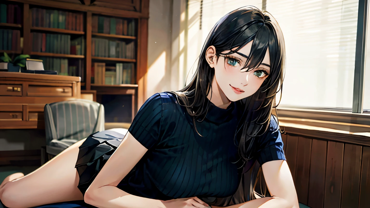 (masterpiece:1.3, highest quality, Ultra-high resolution, Super detailed), (Realistic, photoRealistic:1.4), Beautiful illustrations, Perfect lighting, Natural light, colorful, Depth of written boundary, 女性one person,Attractive legs,whole body,
View Viewer, whole body, Front view:0.6, 1 girl, 日Book語, office lady, 19 years old, Perfect Face, (Perfect Anatomy), Cute and symmetrical face, Baby Face, Shiny skin, ,
(Long Hair:1.7, Straight hair:1.2, Black Hair), Hair between the eyes, Emerald green eyes, Long Eyelashes, (Big Breasts:0.8), mini skirt,Bookを持っている,
Beautiful Hair, Beautiful Face, Beautiful fine details, Beautiful clavicle, Beautiful body, Beautiful breasts, Beautiful thighs, Beautiful feet, Beautiful fingers,
((Short sleeve navy high neck sweater), ID card),
(Beautiful views), Daytime, (Office Lounge),, (Smile, Half an eye, Lips parted),Bookを持っている,whole body,mini skirt,one person,whole body,Attractive legs,Book,Book,whole body,Attractive legs
