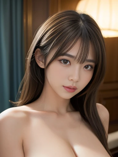 Product quality, 1 girl,1boy, ((upper body)), (from below,),Young and cute girl in Japan, At night、nude, Super cute face, Glossy lips, Double eyelids on both eyes, (Natural Makeup), shiny smooth light brown hair with long hair,, Asymmetrical bangs, 8K resolution, High detail, Detailed hairstyle, Detailed face, Cinema Lighting, Octane Rendering, Ultra-realistic, Perfect limbs, Perfect Anatomy, Luxury Resort Hotel,seductive pose ,breast grab,breast lift,nsfw,