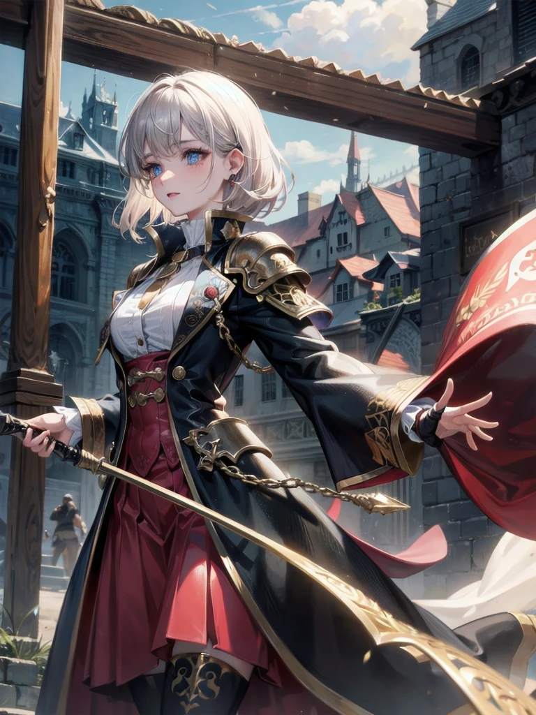 absurdres, RAW photo, extremely delicate and beautiful, masterpiece, Best Quality, ultra high resolution, 32k, hyperrealistic, ultra-detailed, perfect figure, detailed description, pale skin, 20 years old, detailed beautiful face and eyes, tearful mole, earring, short medium hair, wavy hair, full body, a heavily armored pirate, pirate captain, detailed metal armor, intricate pirate clothing, bold colors, highly detailed metal textures, holding a massive anchor,