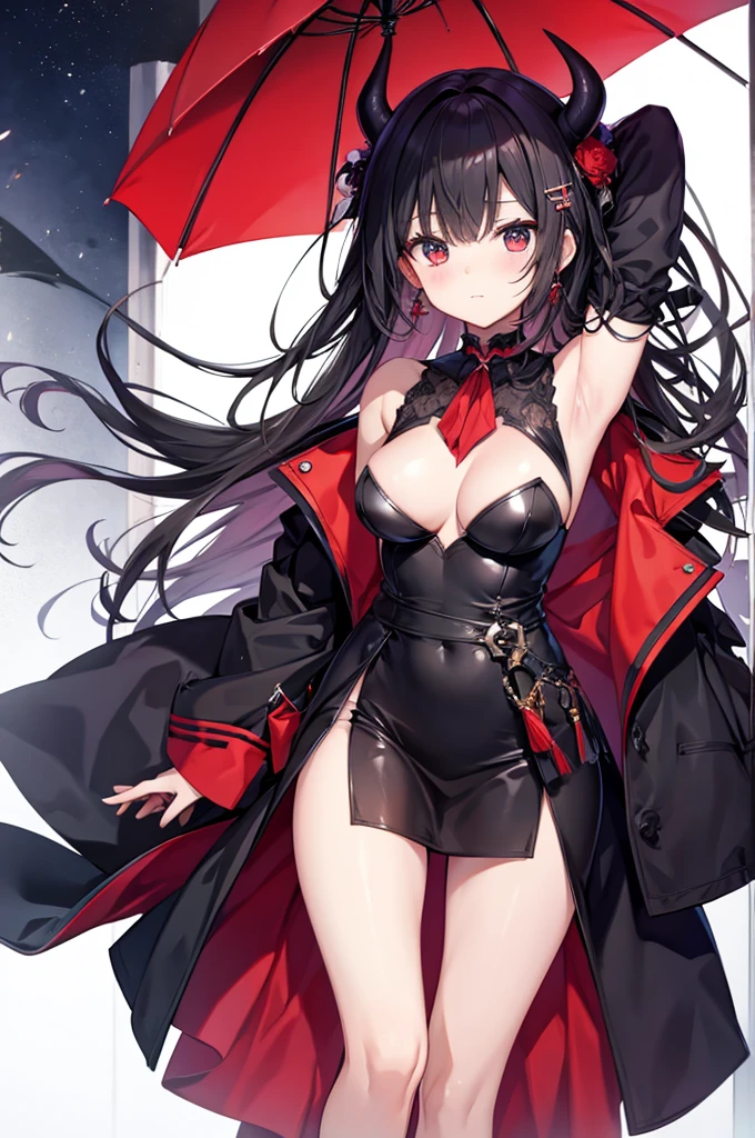 赤い髪とDevil's Tailを持つ女性の漫画の絵、((masterpiece,highest quality)), Absurd, One girl, alone, Redhead, Spiked Hair, Pointed Ears, short hair, Twin tails, Black Shirt, Black Dress, choker, Devil's Wings, Devil's Tail, pants, smile, blush, View Viewer, Cowboy Shot,