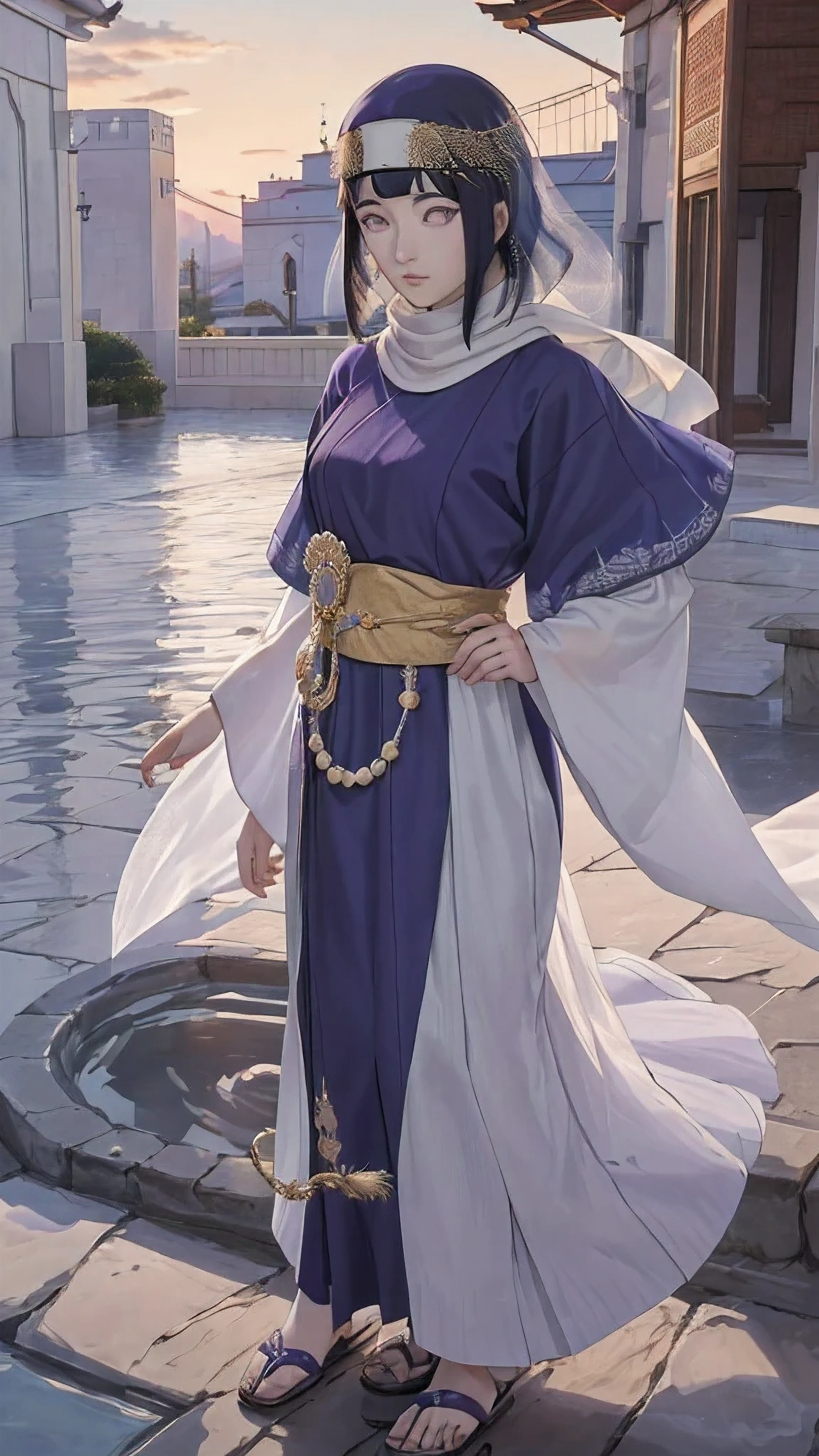 (masterpiece, top quality, best quality, official art, beautiful and aesthetic: 1.2), (1girl), (depicted as Hyuga Hinata from the anime Naruto), (long dark blue hair, cascading down her shoulders), (styled with white eyes, distinctive of her Byakugan heritage), (beautiful, with expressive features and captivating charm), (clad in purple clothes, traditional to Muslim attire), (wearing a mukena, intricately designed and flowing), (head adorned with a hijab, adding a layer of cultural authenticity), (set against a serene mosque background), (ultra-detailed, every fiber
