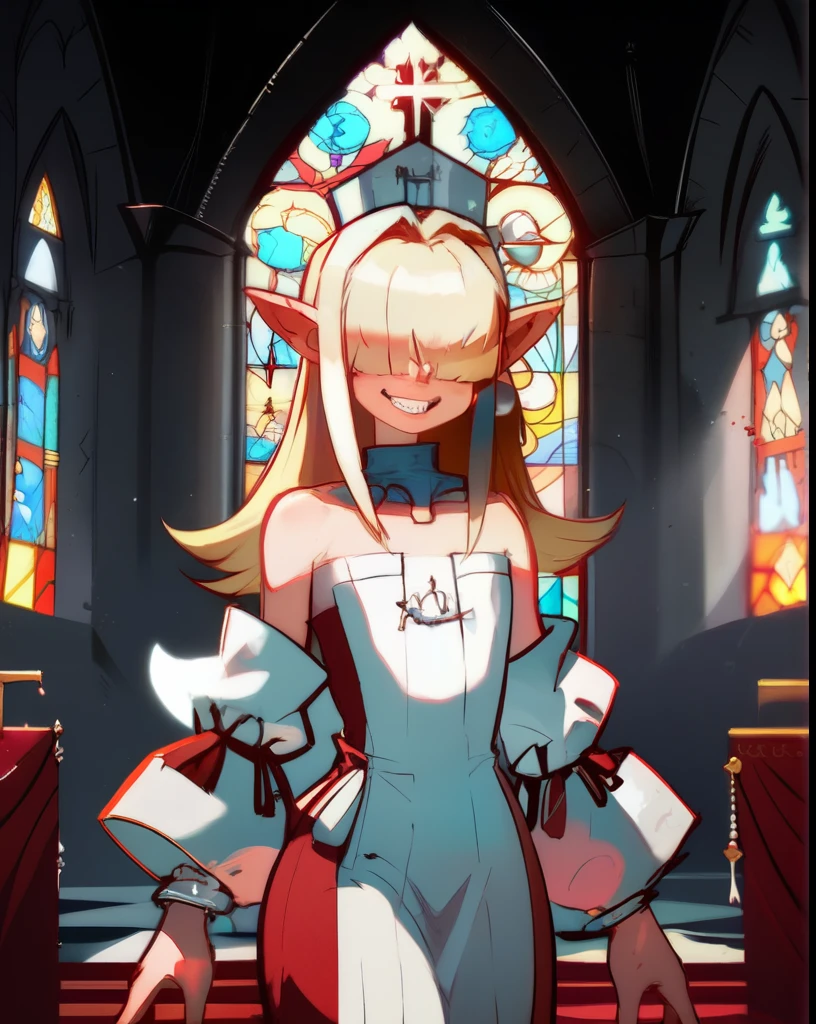 Fraction_9,Fraction_8_up,Fraction_7_up,
Priest,Pointed ears,Hair covering eyes,Blonde Flat Chest,Smile,teeth,long hair,Hips,
Bare shoulders,White off-shoulder dress,Pearl earrings,Wrist sleeves,Wristbands,Neck collar,
church,hell,