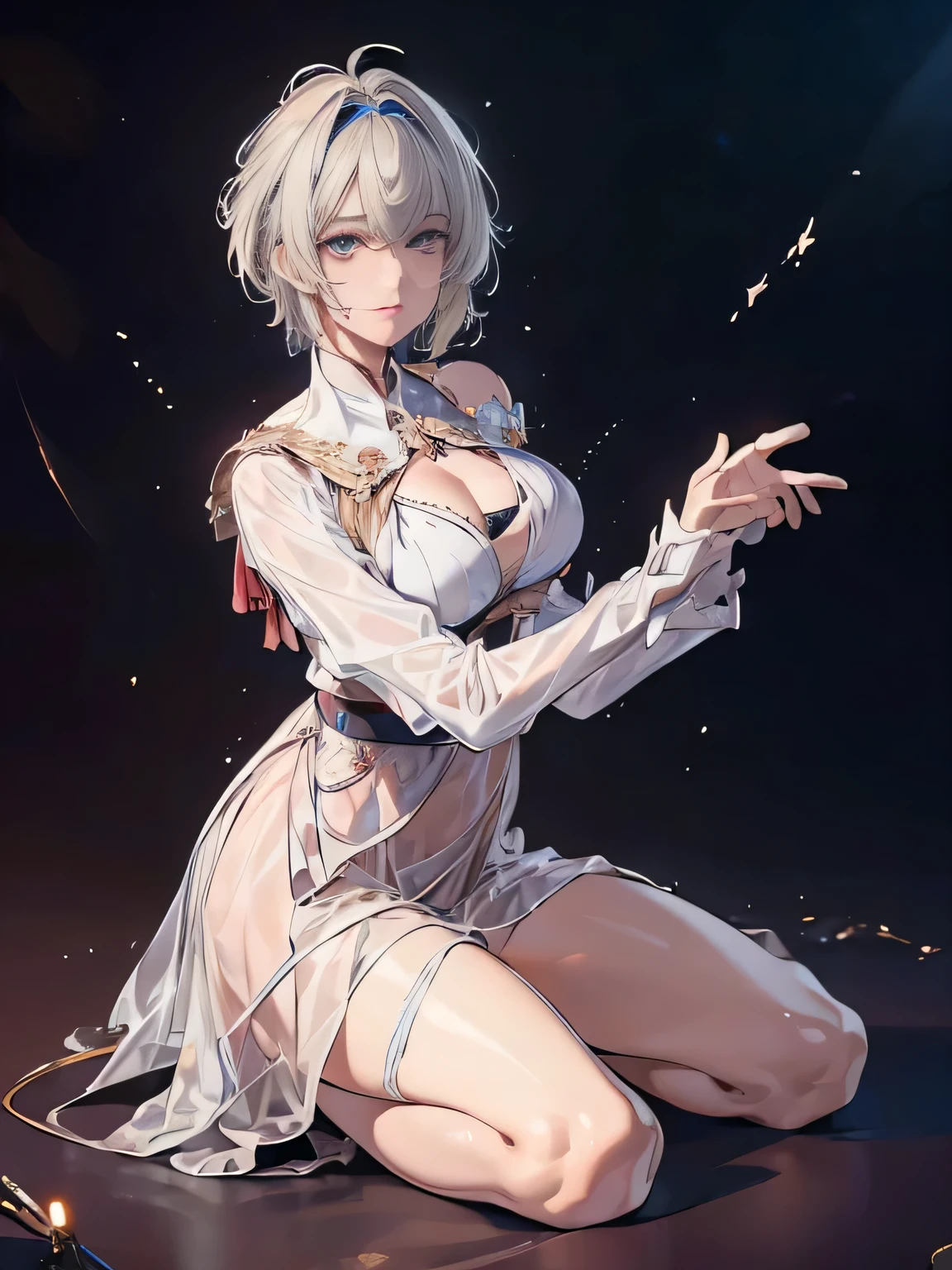 (( (masterpiece),(Very detailed CG Unity 8k wallpaper),(Bust Shot:1.5), highest quality,Cinema Lighting,Photorealistic, Detailed Background,Beautiful and beautiful eyes,Bright Eyes,(Very elegant and beautiful),(Beautifully detailed eye depiction),Very detailed,masterpiece,High resolution)), Richly decorated armor, Beautiful Female Warrior, short hair, Platinum Blonde Hair, Cleavage、Various actions、Various clothes、Red costume、Various poses、Colorful costumes、whole body、Beautiful feet