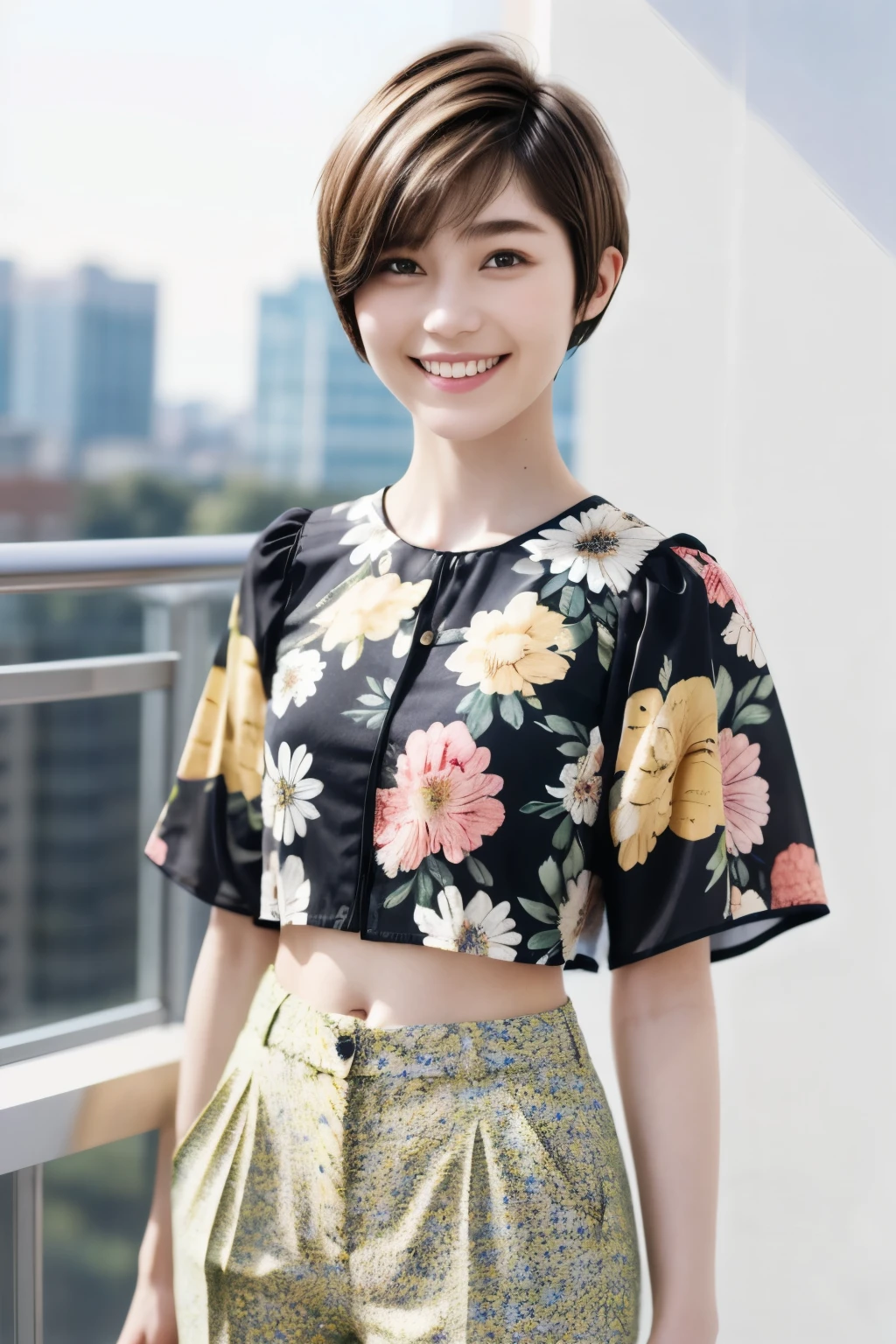230 (18-year-old female,Floral clothes), ((short hair:1.46)), (Pants Style), (A kind smile)