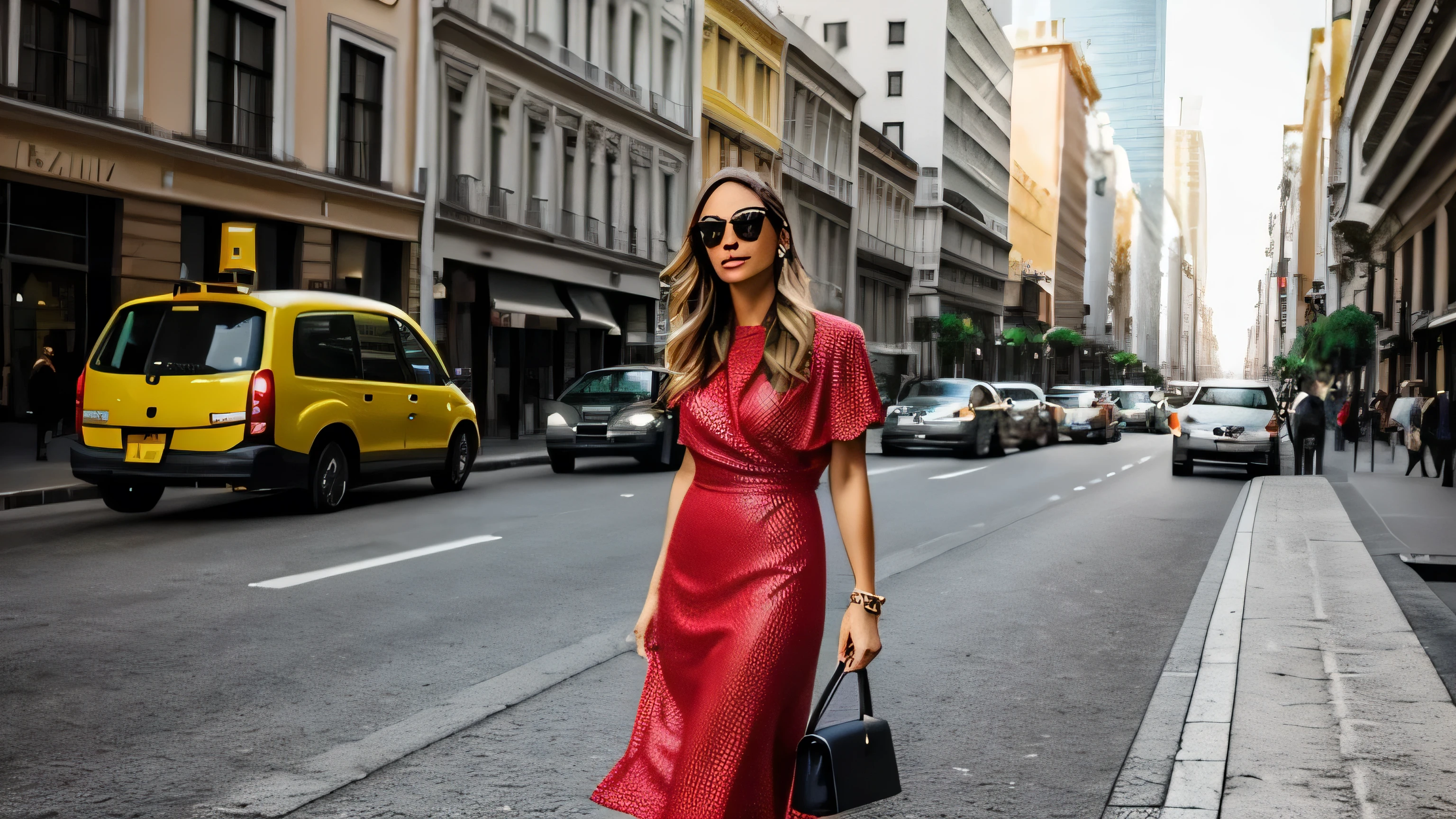 Crie uma imagem de uma mulher loira em uma cidade grande. Ela deve ter cabelos longos e ondulados, de um loiro dourado brilhante, e olhos azuis brilhantes. Your expression should be confident and elegant. Vista-a com uma roupa moderna e estilosa, como um vestido preto ajustado e um casaco longo de cor vibrante, como vermelho ou azul royal. Add accessories like a leather bag, sunglasses and delicate jewelry. The setting should be a busy big city, with Skyscrapers, taxis, e pedestres ao fundo. Inclua detalhes como letreiros de lojas, traffic lights, and traffic lights. A paleta de cores deve ser urbana e vibrante, highlighting the sophistication and energy of the city