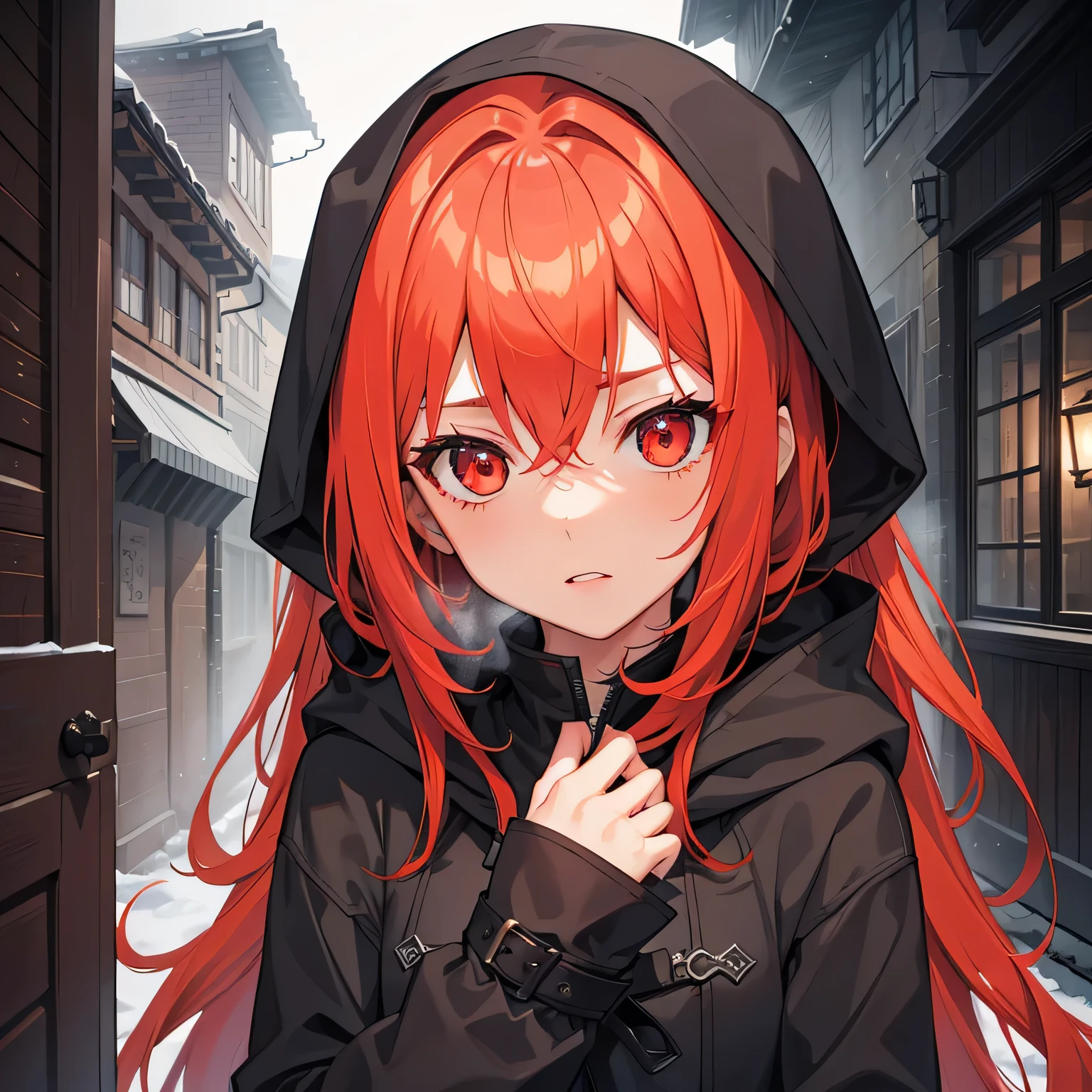 Best quality, realistic, a girl with red hair and detailed eyes and face, lightning bolts around, red glowing eyes, wearing a black dress, with a black overcoat, and a person with a black hood over their head. The scene depicts a huntress inspired by the style of Van Helsing. The background is a dark, mysterious setting with dimly lit streets and fog. The colors are rich and vibrant, with a dark and moody color palette. The lighting is dramatic, casting long shadows and highlighting the girl's determined expression. The overall image should have a cinematic and thrilling atmosphere, capturing the essence of a fierce and skilled huntress in action.