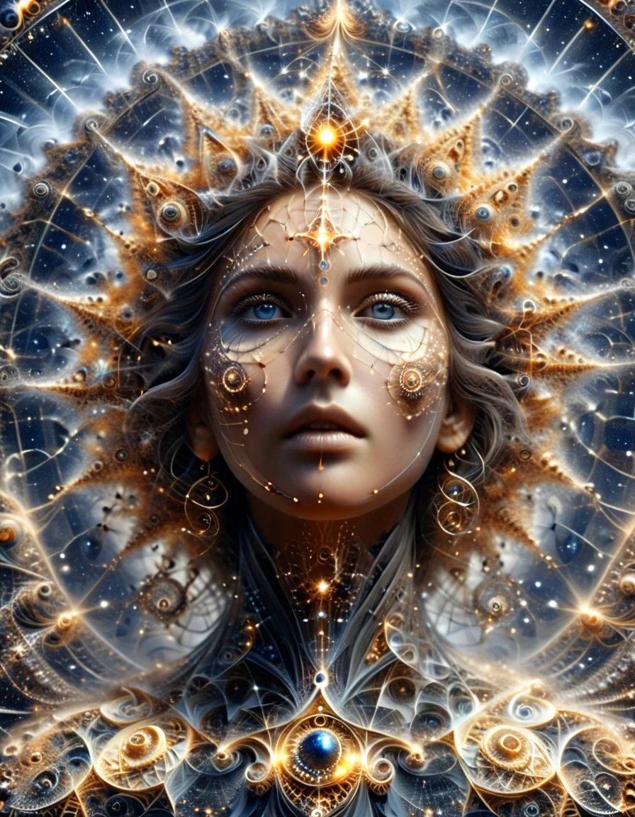 Un ciel étoilé où les constellations sont des Mathematical Equations réalistes qui prennent vie, their tendrils reach through the darkness, nombre Pi, fractals and complex geometric structures, (une femme 35 ans, femme debout, corps sublime, poitrine push-up, perfect and detailed eyes, pupilles parfaites, corps entier, full-length, robe fractales , longues jambes sublimes ), ((Mathematical Equations, full body and legs ))