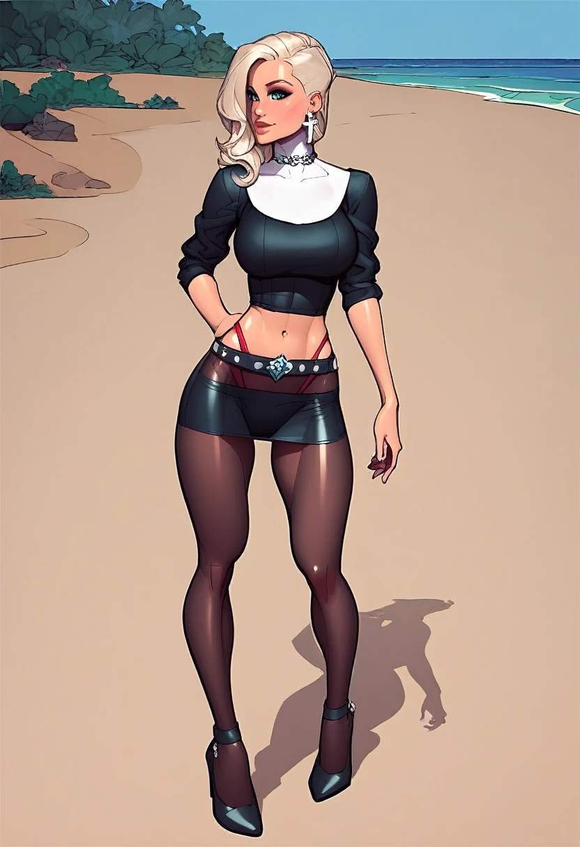 score_9, score_8_up, score_7_up, score_6_up, score_5_up, score_4_up, comic art illustration, BREAK; nun 22 yo hottie, (asymmetrical hair-length bob haircut), platinum blonde hair, diamond earrings, diamond choker, braless (see-through nun outfit), large natural breasts, (sexy belt (tight) (black micro-skirt)), red highleg-thong cameltoe, (black tights)1.2, standing, toned thighs and legs; (beach background); (intricate details, detailed eyes), rating_adult, score_9, score_8_up, score_7_up