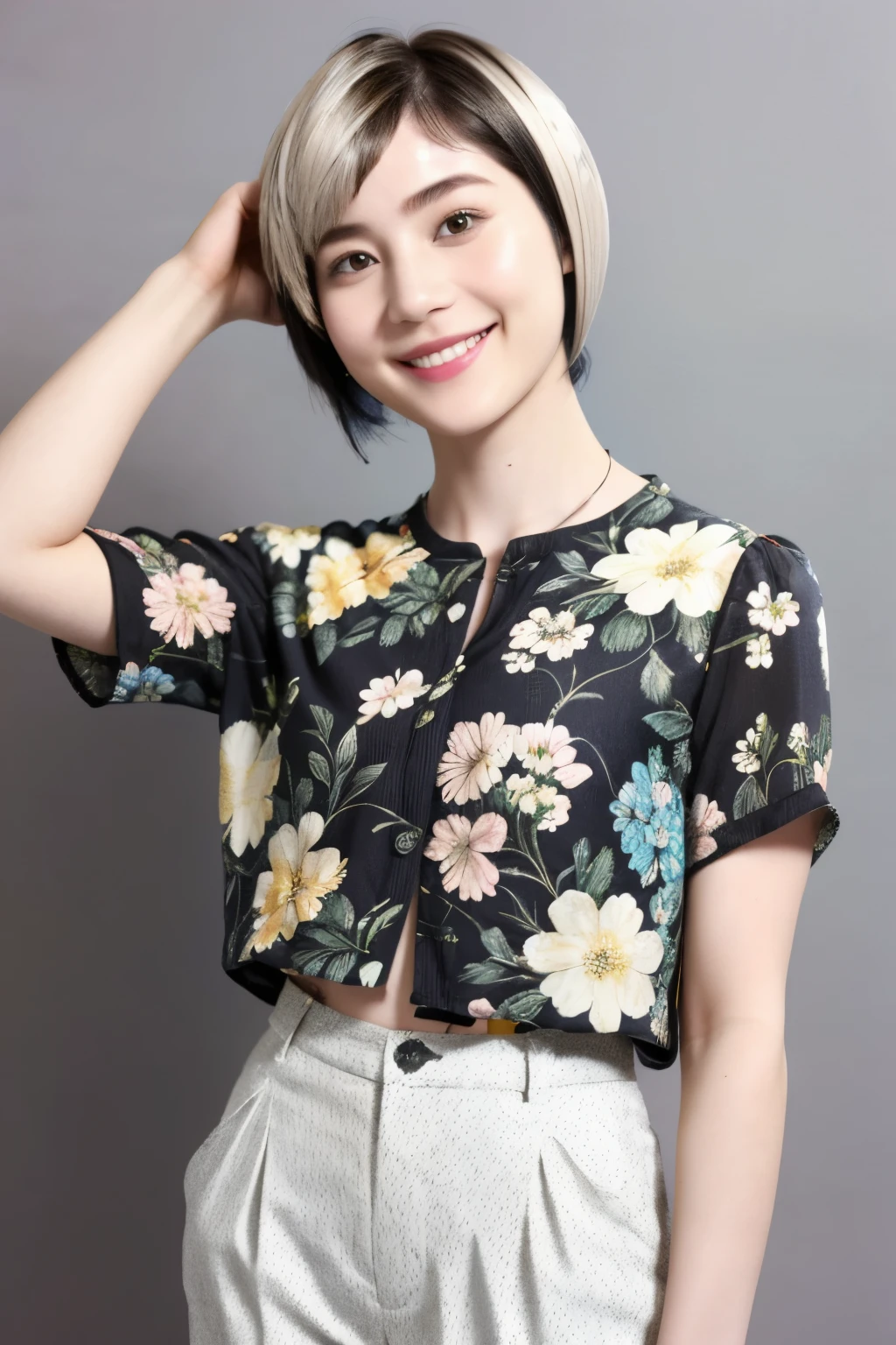 230 (18-year-old female,Floral clothes), ((short hair:1.46)), (Pants Style), (A kind smile)