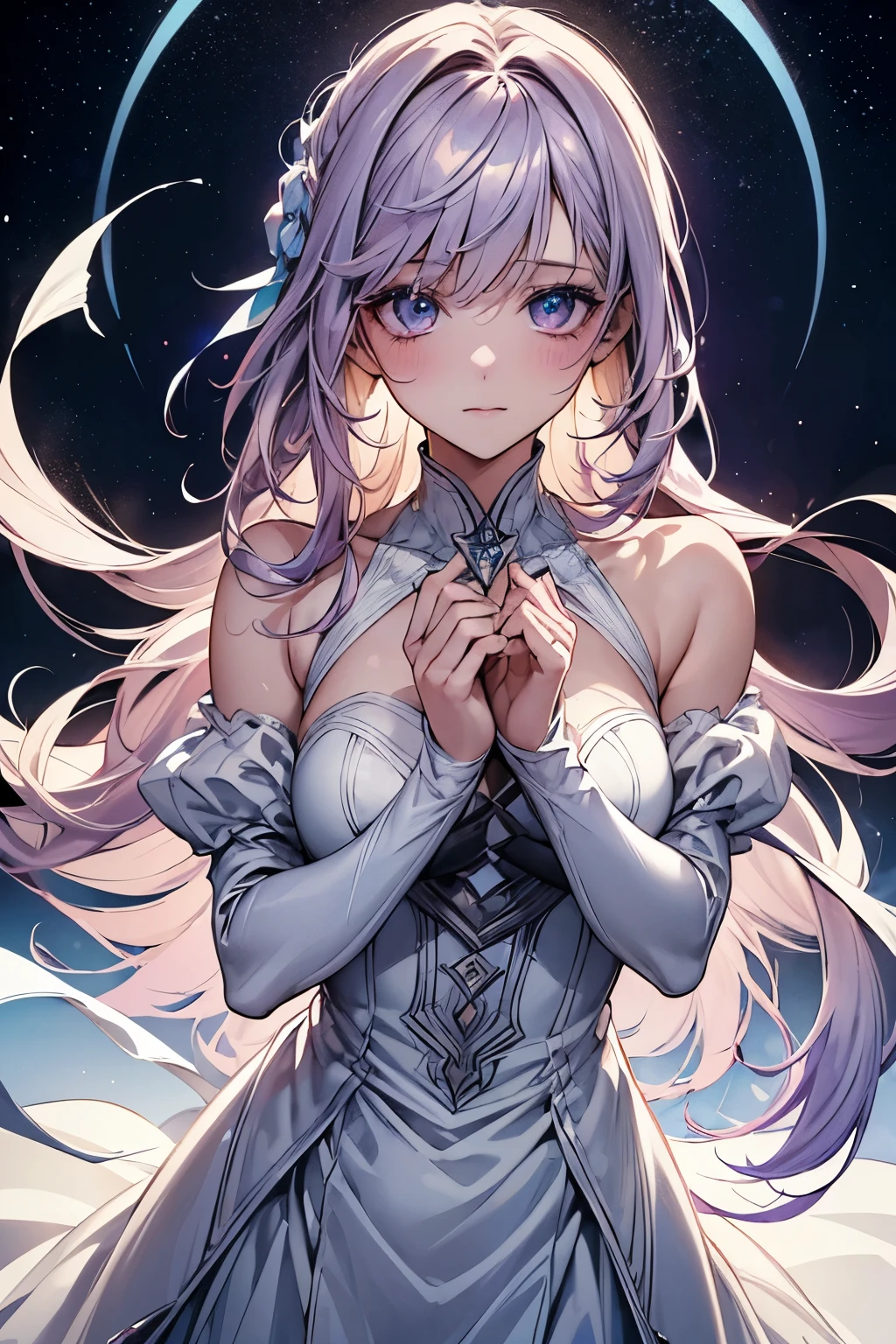 ((masterpiece,highest quality)),(Negative Space:1.4),(One girl, alone:1.4),Beautiful fine details,Pastel pink and lavender hair floating, Lavender eyes, At night, Starry Sky, Shining Star