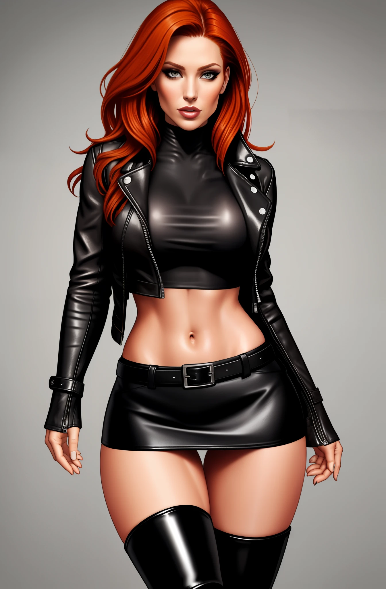 Jennifer Korbin, ginger hair, black leather jacket, leather miniskirt, thigh high boots, navel