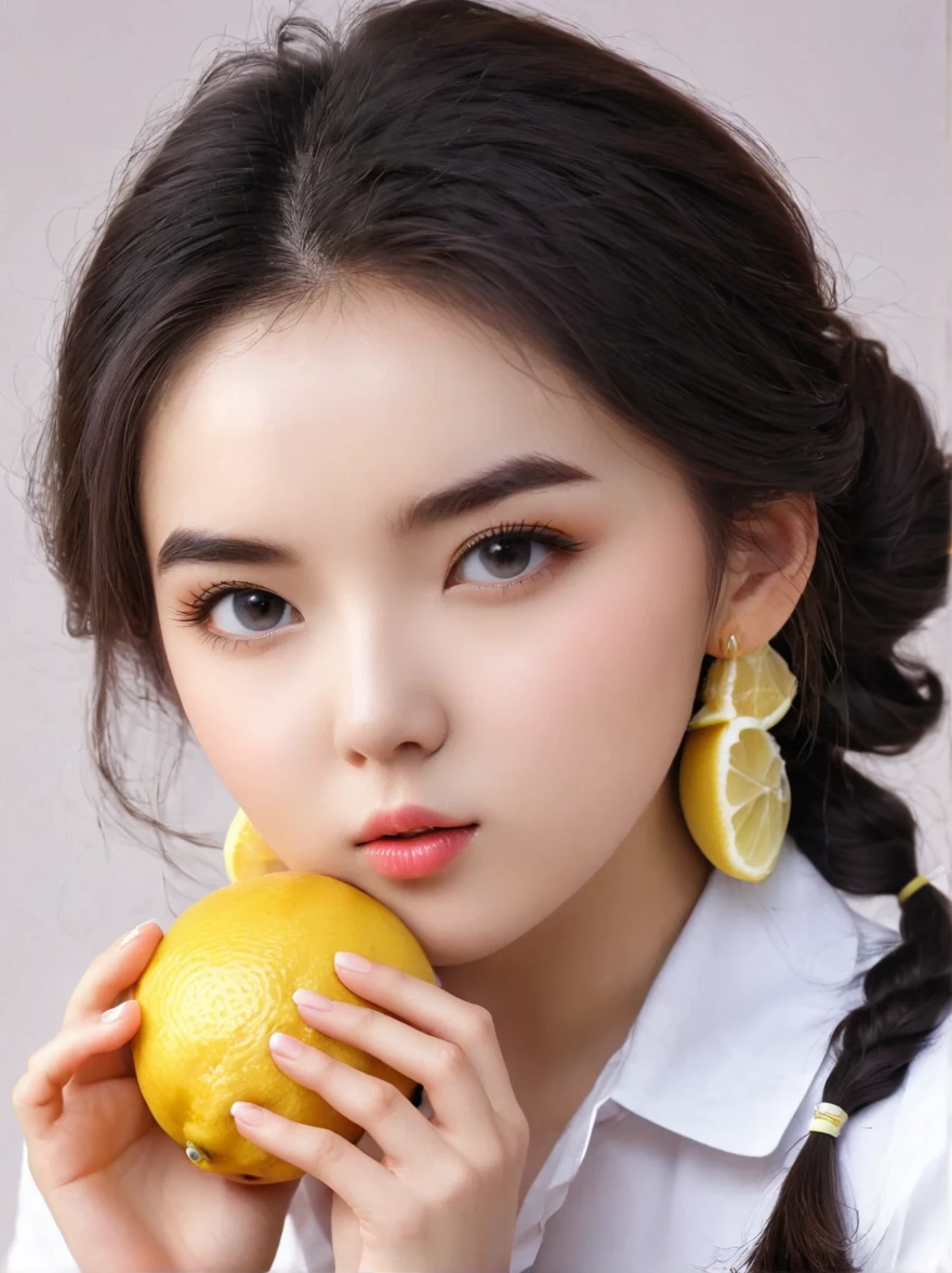 Eat lemons挑战，girl，Eat lemons，Eyes widened，(The eyebrows are slightly raised)，(The sour taste makes your face wrinkled:1.5)，(Slobber:1.5)