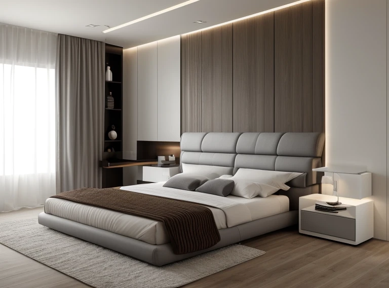 RAW photo,Masterpiece, Modern Bedroom, Glossy wood, MDF wood texture, white and grey, Dark tone, high quality, best quality, authentic, super detail, modern interior,white wall, window, wooden floor, , Realistic reflexes,realistic light , vray