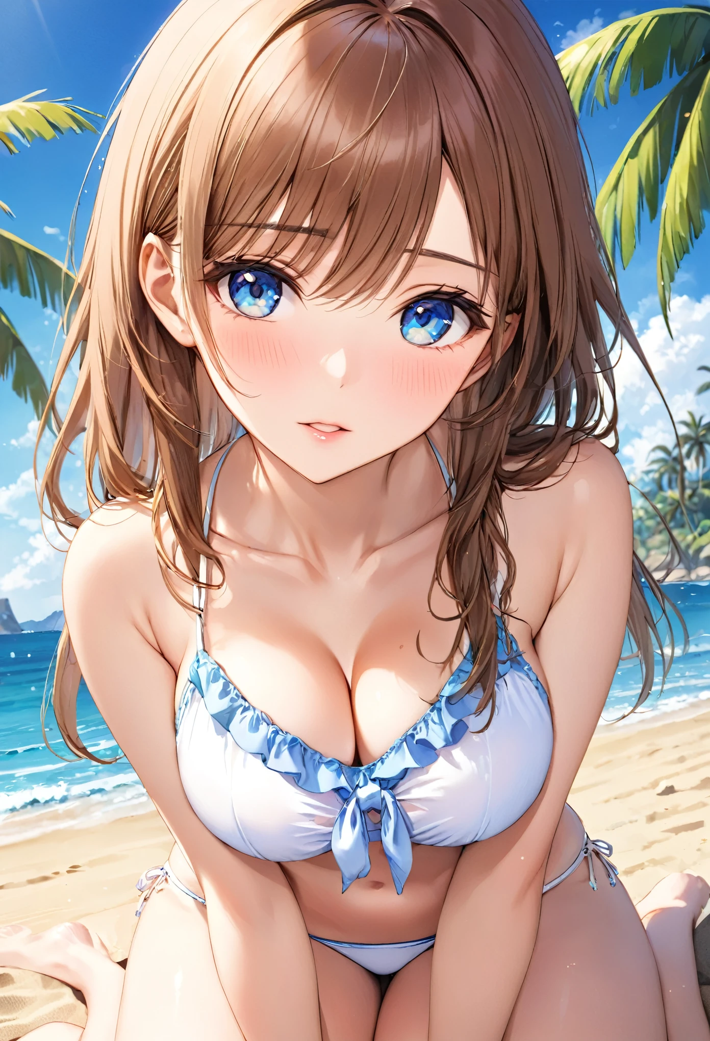 (This is a close-up shot of a young anime girl in a bikini on the beach:1.4),(solo:1.4),(1girl:1.4),(long brown hair:1.3),(blue eyes:1.2),(white bikini top:1.3),(white bikini bottom:1.2),(navel:1.1),(sitting on the beach:1.3),(palm trees in the background:1.2),(ocean in the background:1.2),(blue sky:1.1), (detailed face:1.3),(beautiful detailed eyes:1.3),(slightly parted lips:1.2),(shy embarrassed expression:1.3),(flushed cheeks:1.2),(slender body:1.2),(large breasts:1.3), (masterpiece:1.2),(best quality:1.3),(ultra high res:1.2),(photorealistic:1.1), lora:cuteGirlMix4_v10:0.5,lora:koreanDollLikeness_v15:0.3,