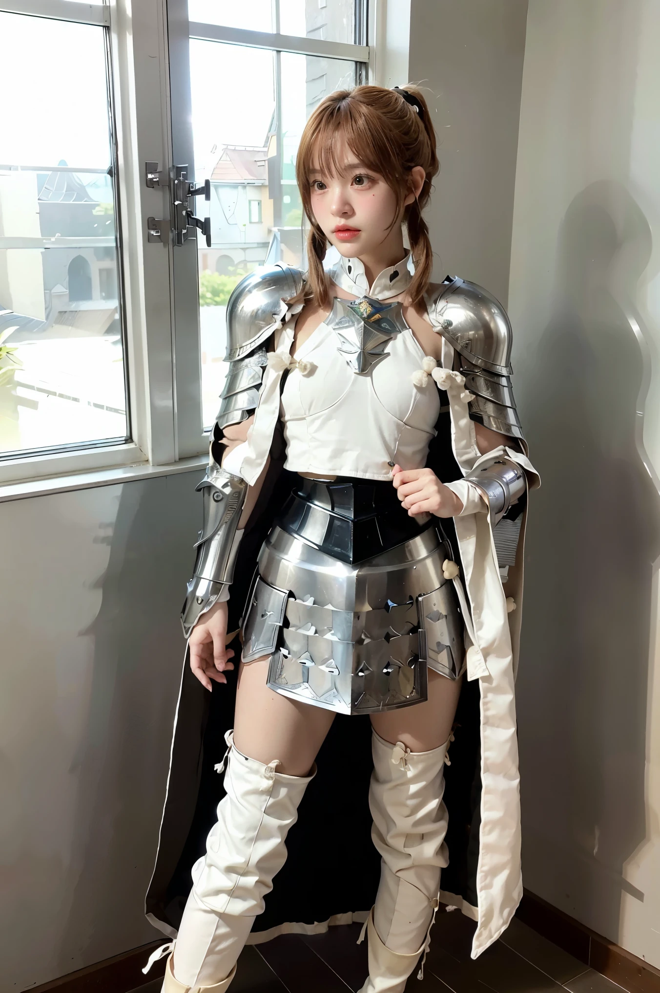 asuna, asuna_(sao), (1girl,solo) ,fantasy, highres, 19 yo,  original, (wear in a sheath on waist:1.3), smile, (white knight wizard long cape:1.5), short hair, medium breasts, looking at viewer, bangs ,detailed hazel brown eyes, beautiful background, ((morning sun,Western-style private room)), hands on the chest,(brown hair,short ponytail:1.5), (platinum knight wizard full armor:1.55),short hair, standing,straight-on, abec,(full body:1.1), white thighhighs,(abec:1.4),