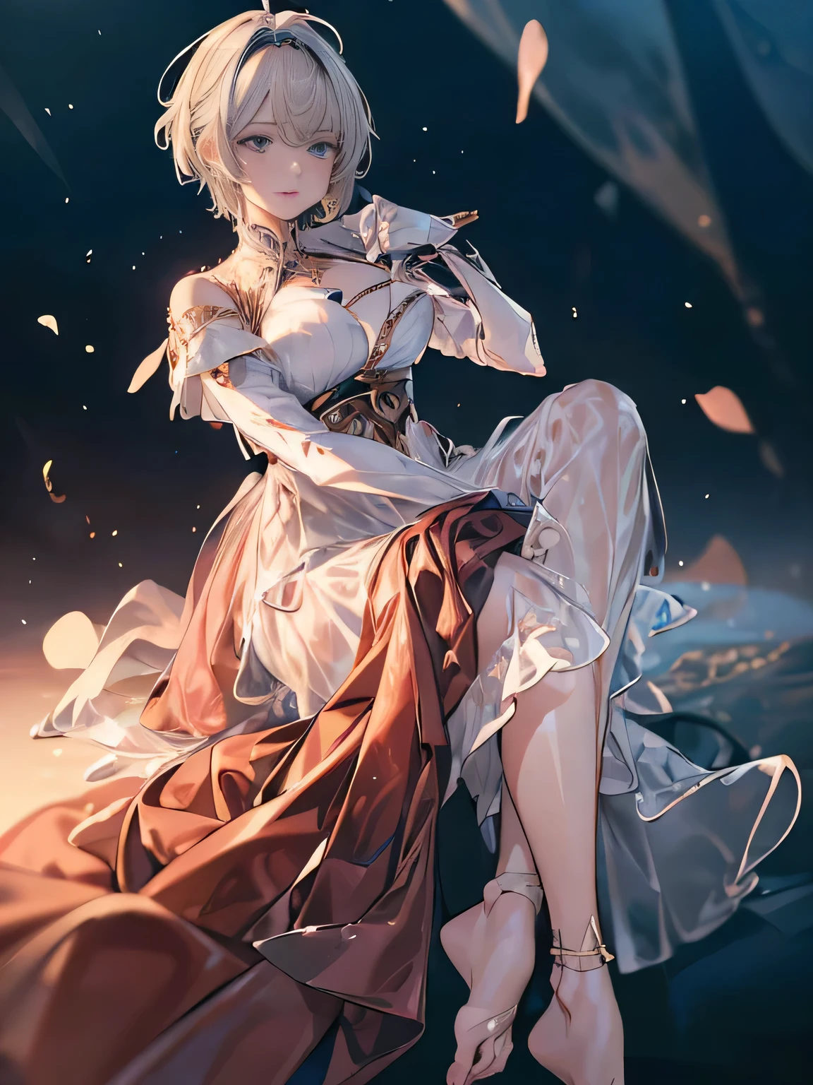 (( (masterpiece)，（Very detailed CG Unity 8k wallpaper），(Bust Shot:1.5), highest quality，Cinema Lighting，Photorealistic, Detailed Background，Beautiful and beautiful eyes，Bright Eyes，（Very elegant and beautiful），（Beautifully detailed eye depiction），Very detailed，masterpiece，High resolution)), Richly decorated armor, Beautiful Female Warrior, short hair, Platinum Blonde Hair, Cleavage、Various actions、Various clothes、Red costume、Various poses、Colorful costumes、whole body、Beautiful feet