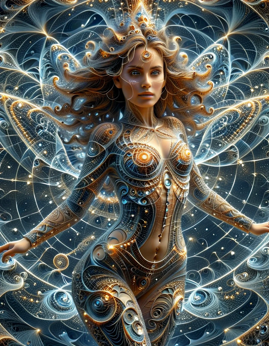 Un ciel étoilé où les constellations sont des Mathematical Equations réalistes qui prennent vie, their tendrils reach through the darkness, nombre Pi, fractals and complex geometric structures, (une femme 35 ans, femme debout, corps sublime, poitrine push-up, perfect and detailed eyes, pupilles parfaites, corps entier, full-length, robe fractales , longues jambes sublimes ), ((Mathematical Equations))