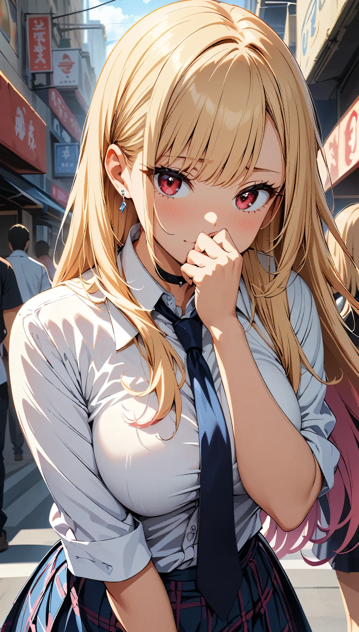 (highest quality:1.2, Anime artwork, Very detailed, High Detail, digital coloring, High Contrast, masterpiece:1.2, highest quality, Best aesthetics), (((kitagawa marin, 1 girl))), Blonde Hair, Straight long hair, Pink gradient hair, Red eyes, Earrings, White shirt, Black choker, Blue tie, Checked skirt, Embarrassed:1.2, Red cheeks, Cover your mouth with your hands, Are standing, Cowboy Shot, bustling street, 
