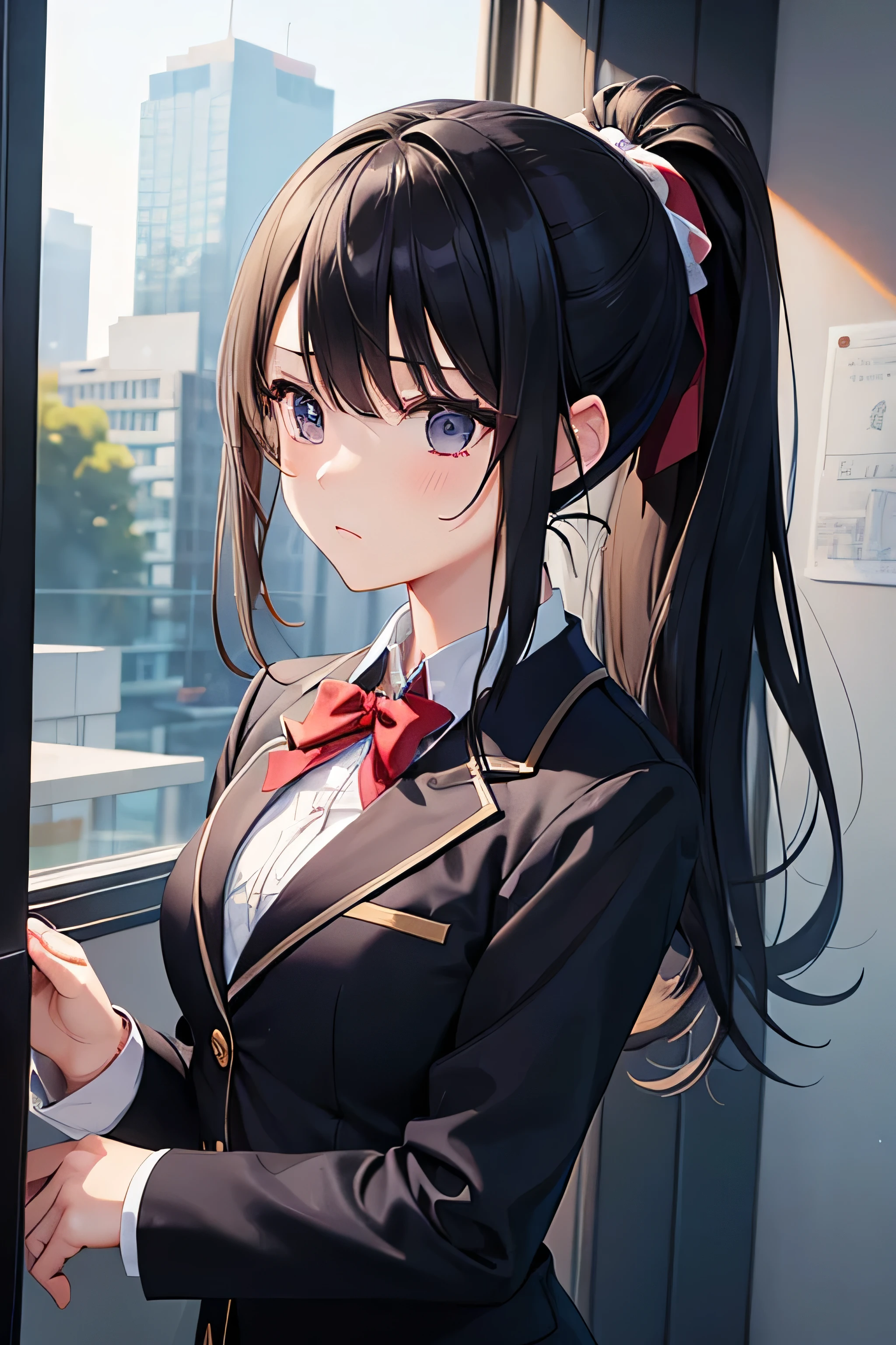 ((masterpiece、highest quality))、An illustration、Very detailed、high school girl、whole body、ponytail、uniform、blazer、Black Hair、Troubled face