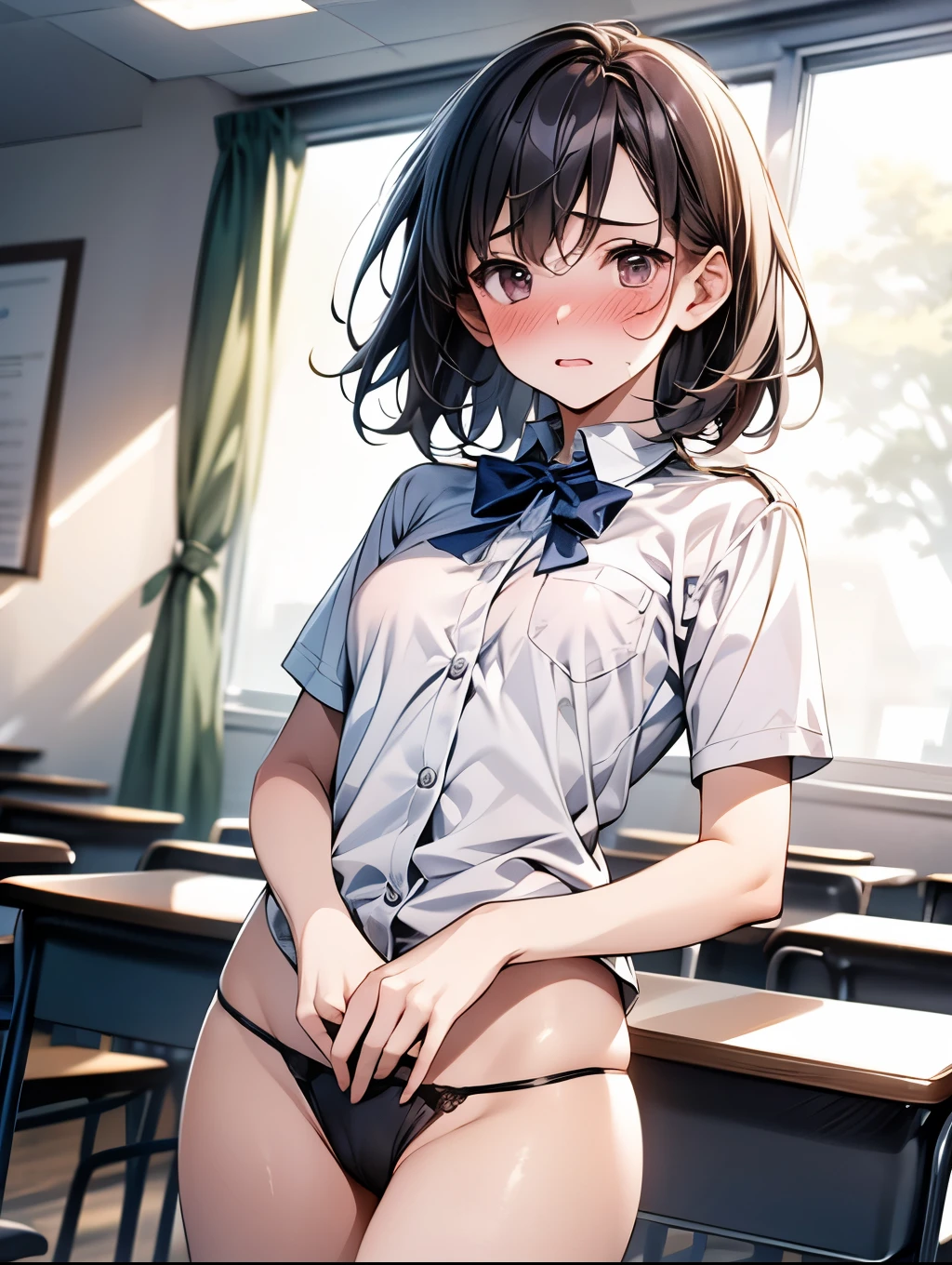 (A beautiful woman、slender), perfect anatomy, High school girls、uniform、(Trying to take off her panties)、Look down、pussy juice, classroom、、Glossy lipasterpiece、highest quality、black hair, messy hair, (8k, High resolution)、(embarrassed:1.4)、(blush)、 small breast