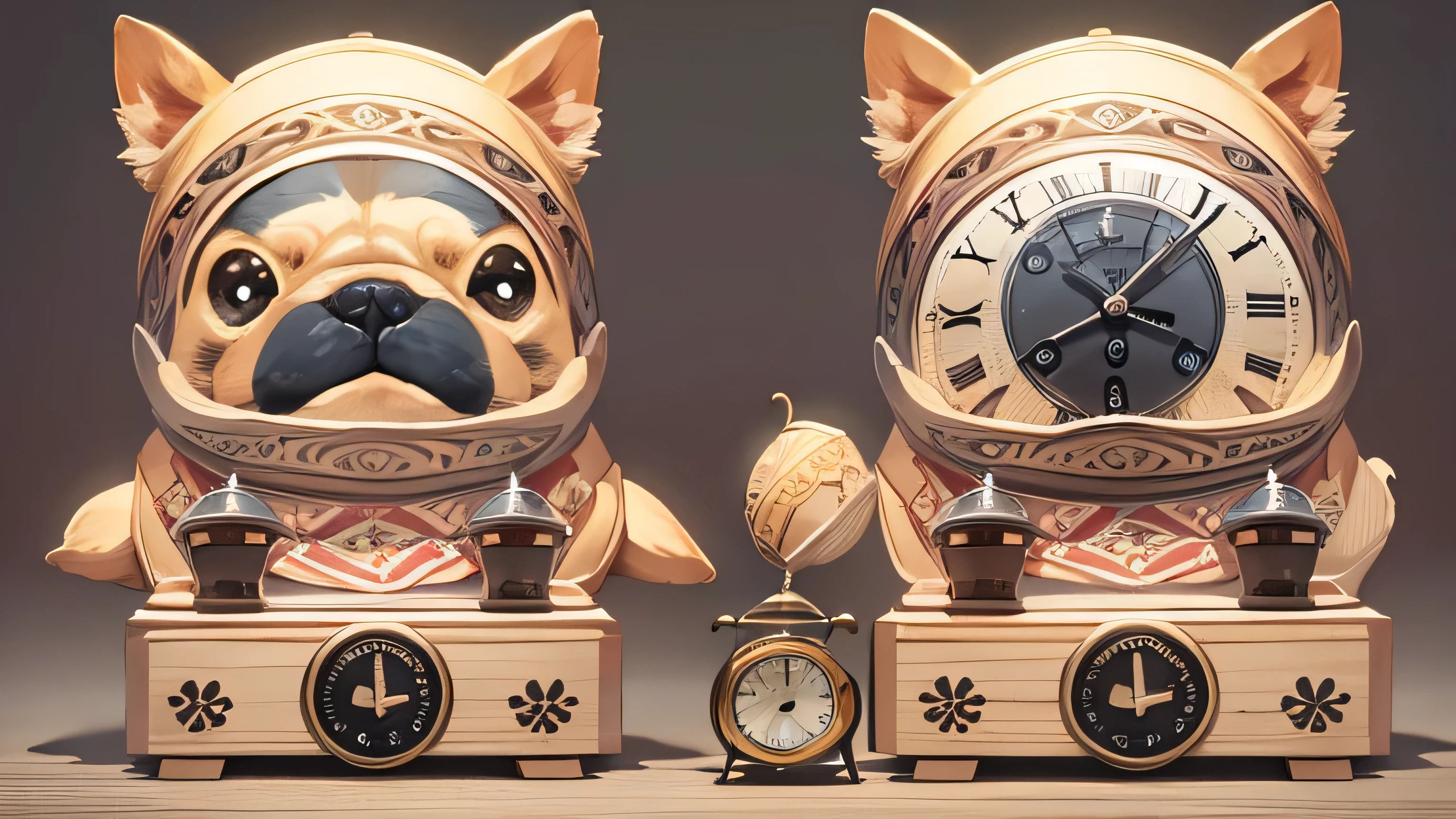 French bulldog sitting and barking。Antique alarm clock in front of you
